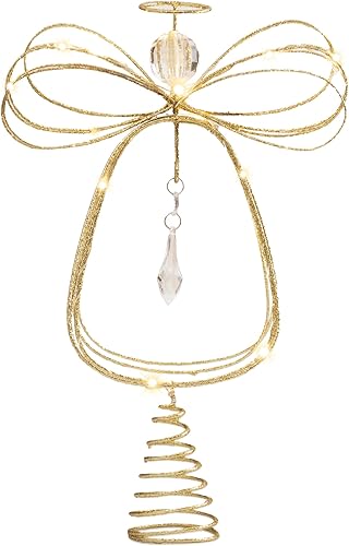 Miniatura 1 de Valery Madelyn Decoración para árbol de ángel de Navidad preiluminada de 13 pulgadas, parte superior metálica dorada con 10 luces LED cálidas para