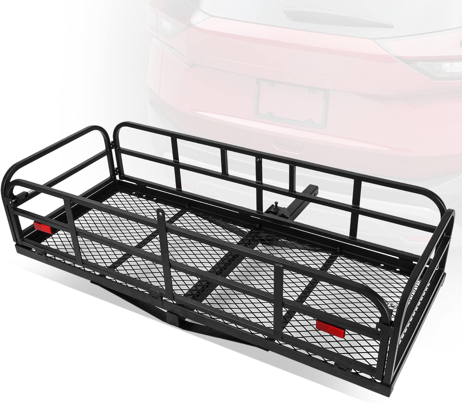 Auto Dynasty Universal Rear Fold-Up Tow Hitch Trailer Cargo Holder Carrier Basket with Red Reflector Compatible with 2 Inch Tow Receiver Car Model, Mild Steel, Black Powdercoated