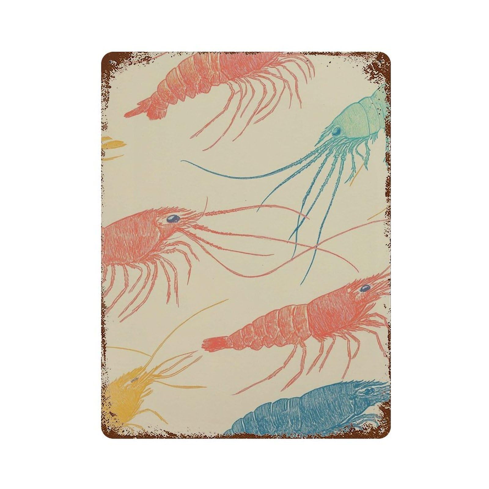 xiaoxiaoshen Shrimp Coastal Kitchen Nautical Seafood Colorful Lobster Ocean Marine Work Beach Wall Decor Art Metal Tin Poster Modern Home Decor Art Home Bar Shop Decorations Vintage Sign 40x30cm