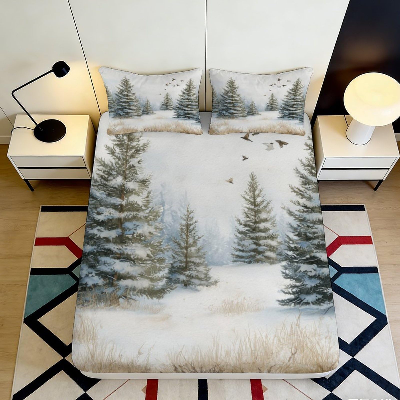 3D Printed Snow Pine Forest Fitted Sheet Microfiber Winter Birds Mattress Cover Non-Slip Bed Decor for Bedroom Guestroom 120x200x25cm