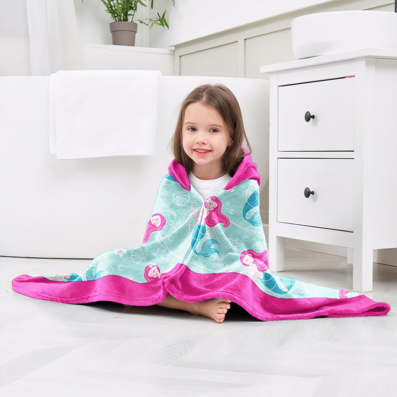Mermaid Girls Beach Towel with Hoodie for Kids Toddlers Age 4-8, Pink Blue Bath Towels Shower Wrap for Girls, Hooded Poncho Beach Blanket for Pool Swimming Cute Wearable Bath Towel for Child - Image 6