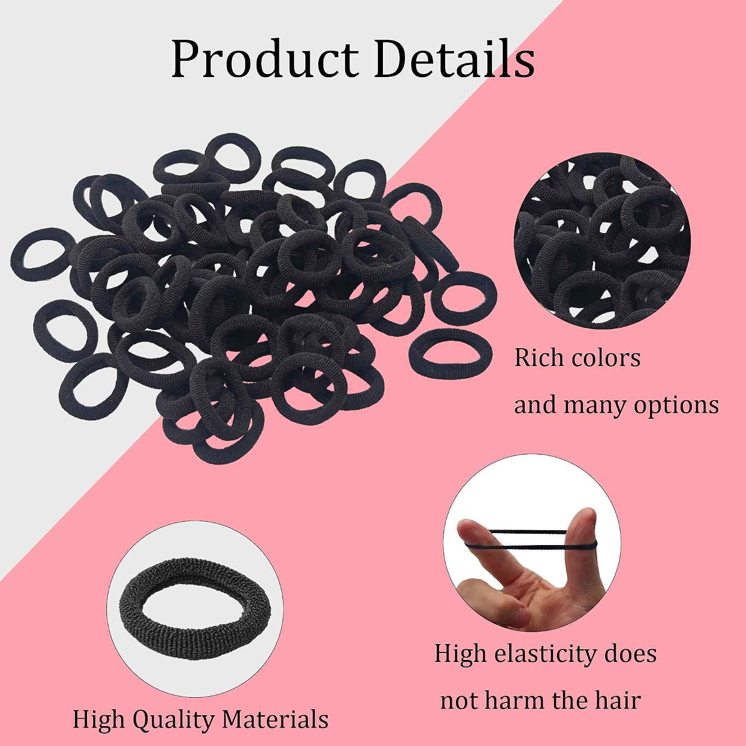 200PCS Black Nylon Hair Ties, Soft Seamless Elastic Bands for Baby Toddler Girls, Gentle Ponytail Holders