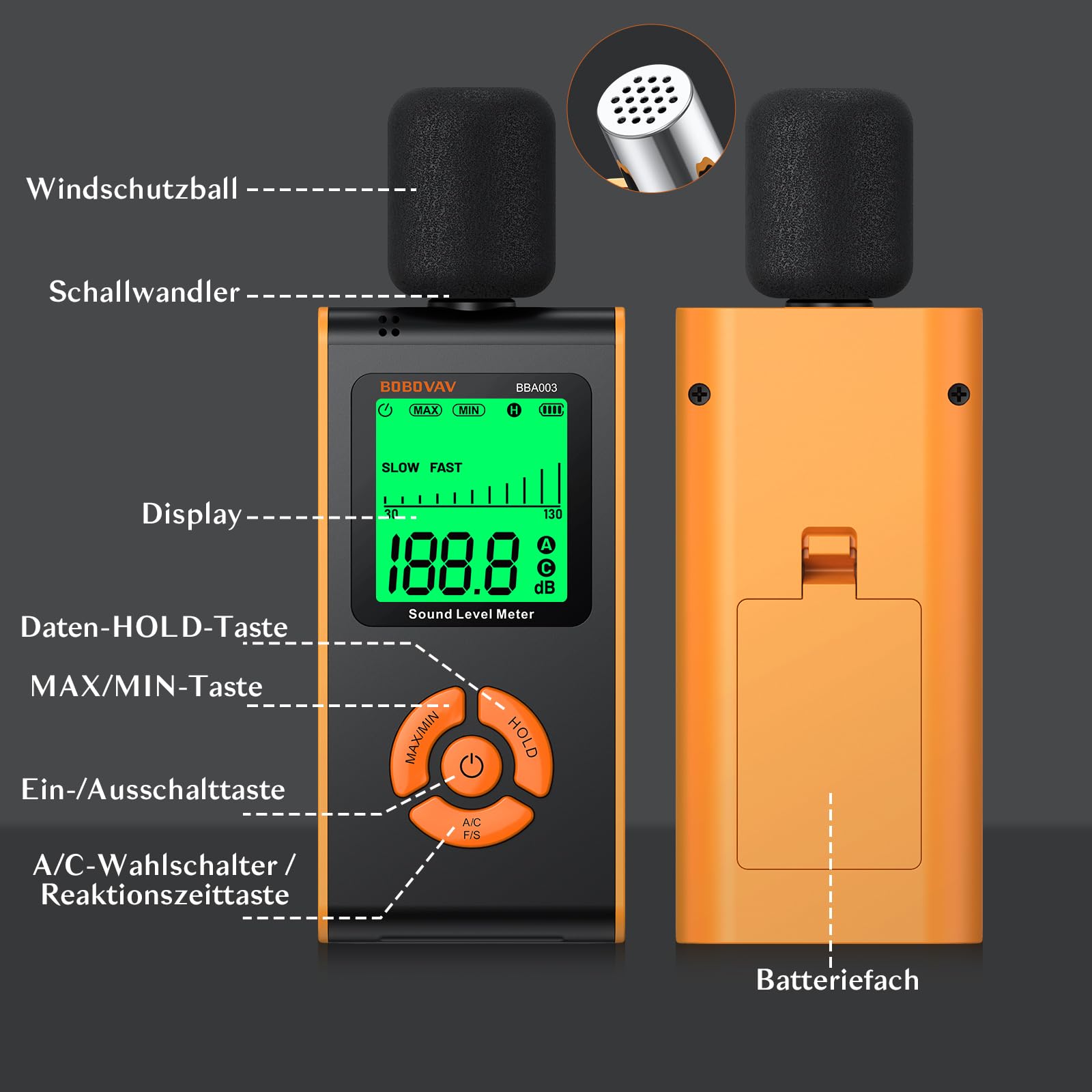 Schallpegelmesser, Dezibel-Messgerät 30dB bis 130dB, A/C Gewichtet Tragbare Geräuschmesser für Heimfabriken, mit LCD-Display 3-Farben, MAX/MIN/HOLD, FAST/SLOW Reaktion Schalldruckmessgerät