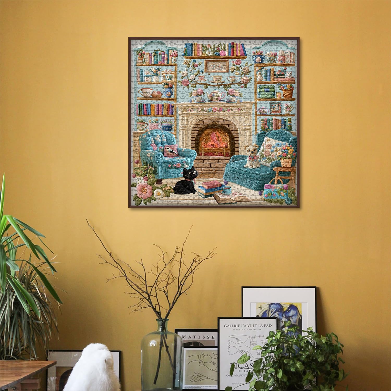 PICKFORU Cozy Puzzles for Adults 1000 Pieces, Dog Puppy Cat Jigsaw Puzzle Bookshelf Teacups, Embroidery Aesthetic Puzzle Cabin, Unique Modern Art Jigsaw Challenging - Image 5