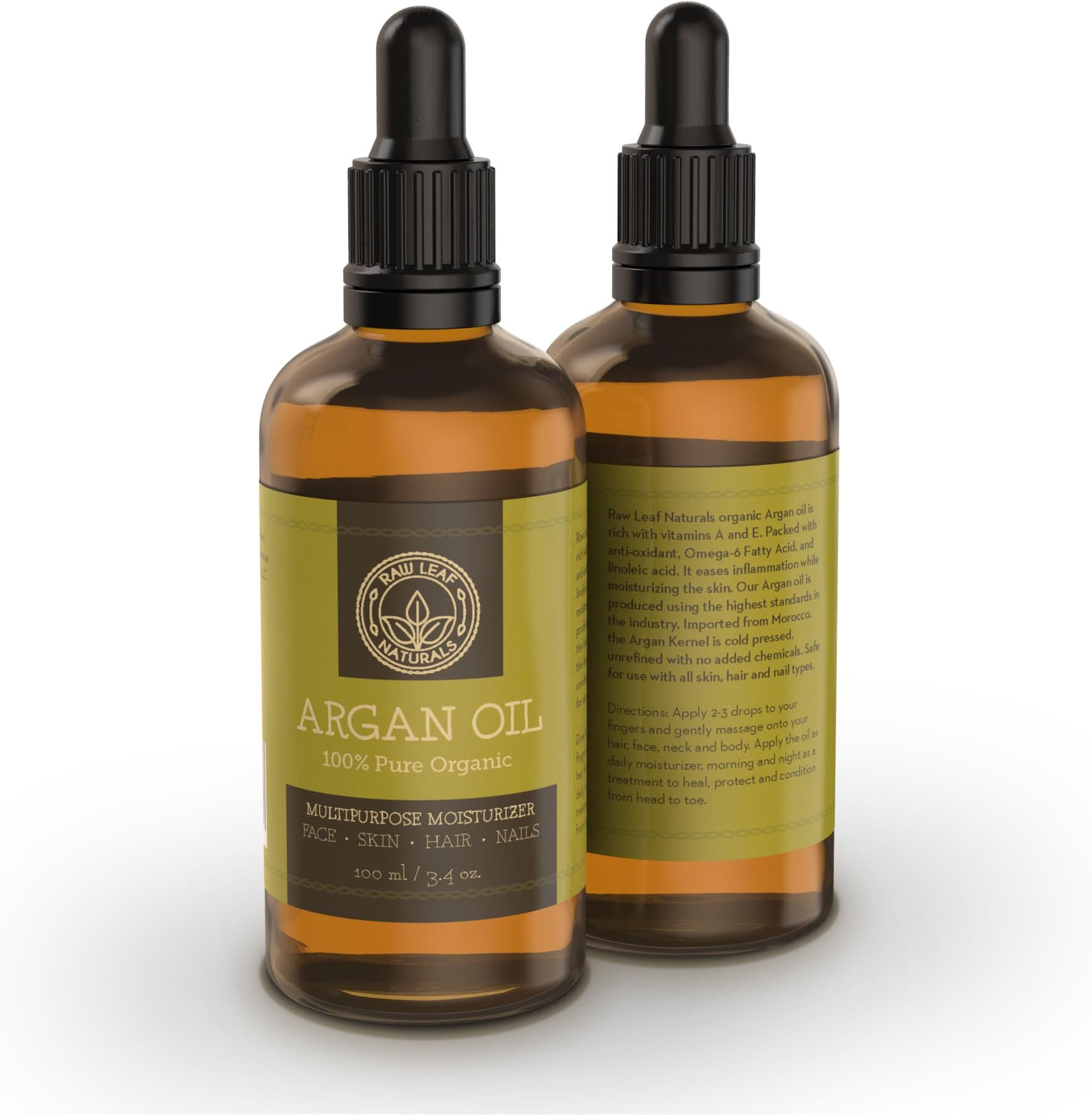 Argan Oil Raw Leaf Naturals BEST QUALITY Moroccan Organic for Hair, Skin, Nail, Beard and Cuticles - 100% Pure USDA and Eco-cert Anti-Wrinkle and Anti-Aging 100ml/3.4oz