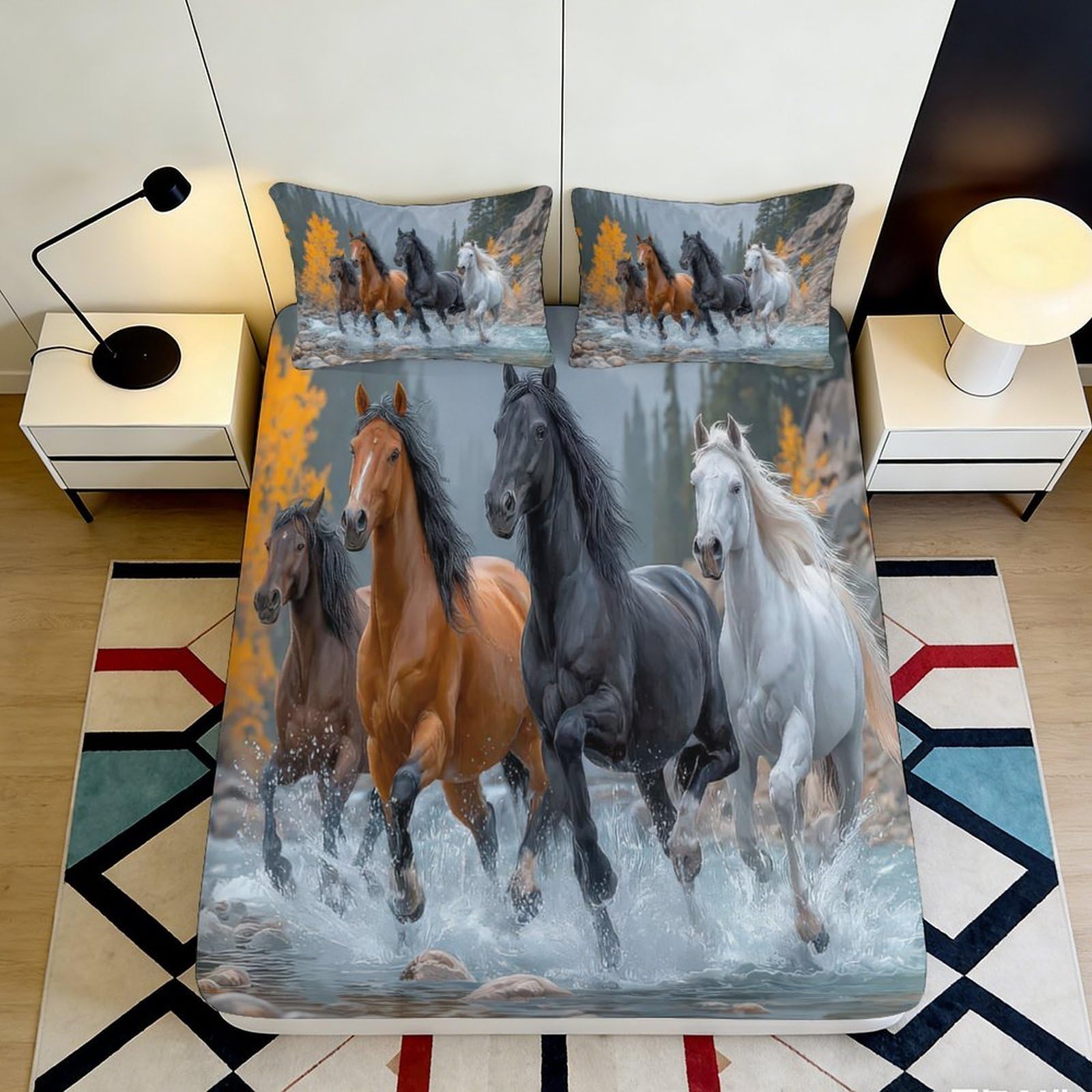 3D Printed Running Horses Fitted Sheet Microfiber Soft Breathable Galloping Horses Bed Cover for Bedroom Dormitory Guest Room Mattress Protection 120x200x25cm