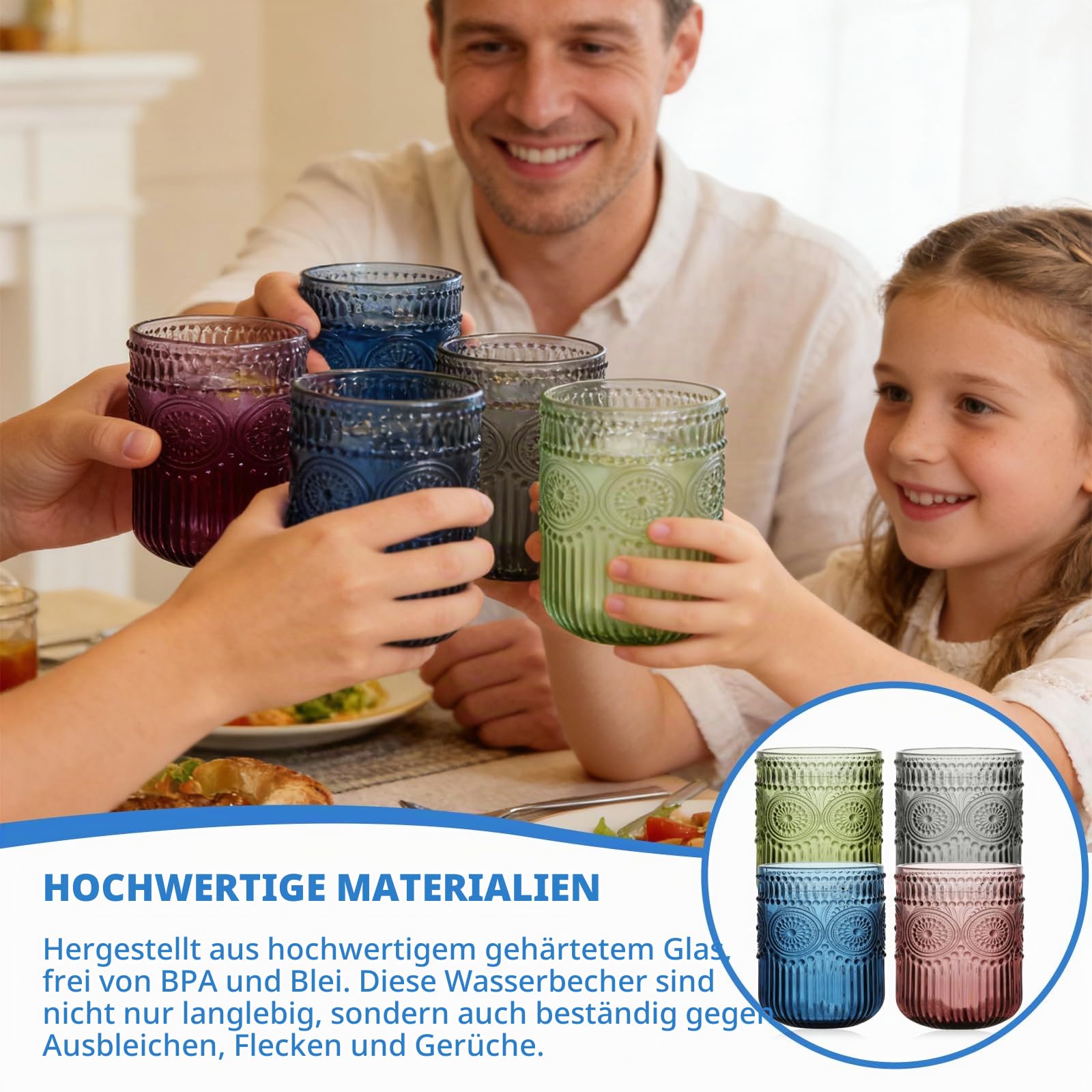 4 Stück Trinkgläser Set Bunt, 240ml Trinkgläser Bunt, Farbig Wassergläser Mit Geprägtem Design, Florale Geprägte Glasbecher, Stapelbar Mehrfarbige Wassergläser Für Bier, Saft, Wasser, Whiskey, Kaffee Küche, Haushalt & Wohnen