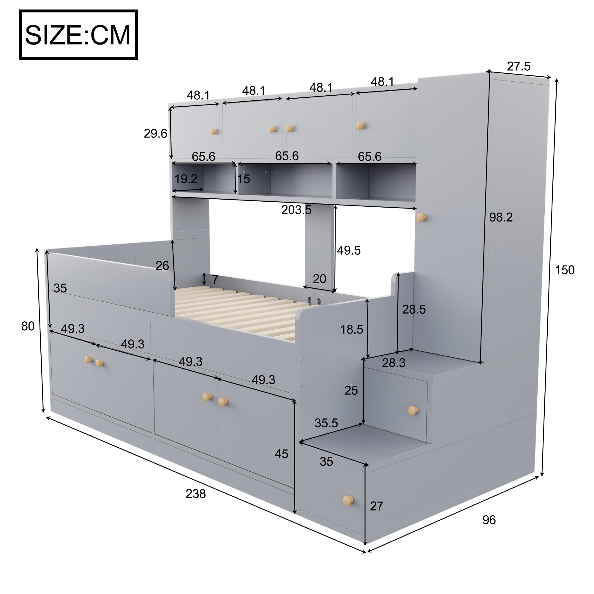Łóżko drewniane 90 x 200 cm, łóżko piętrowe z diodami LED i