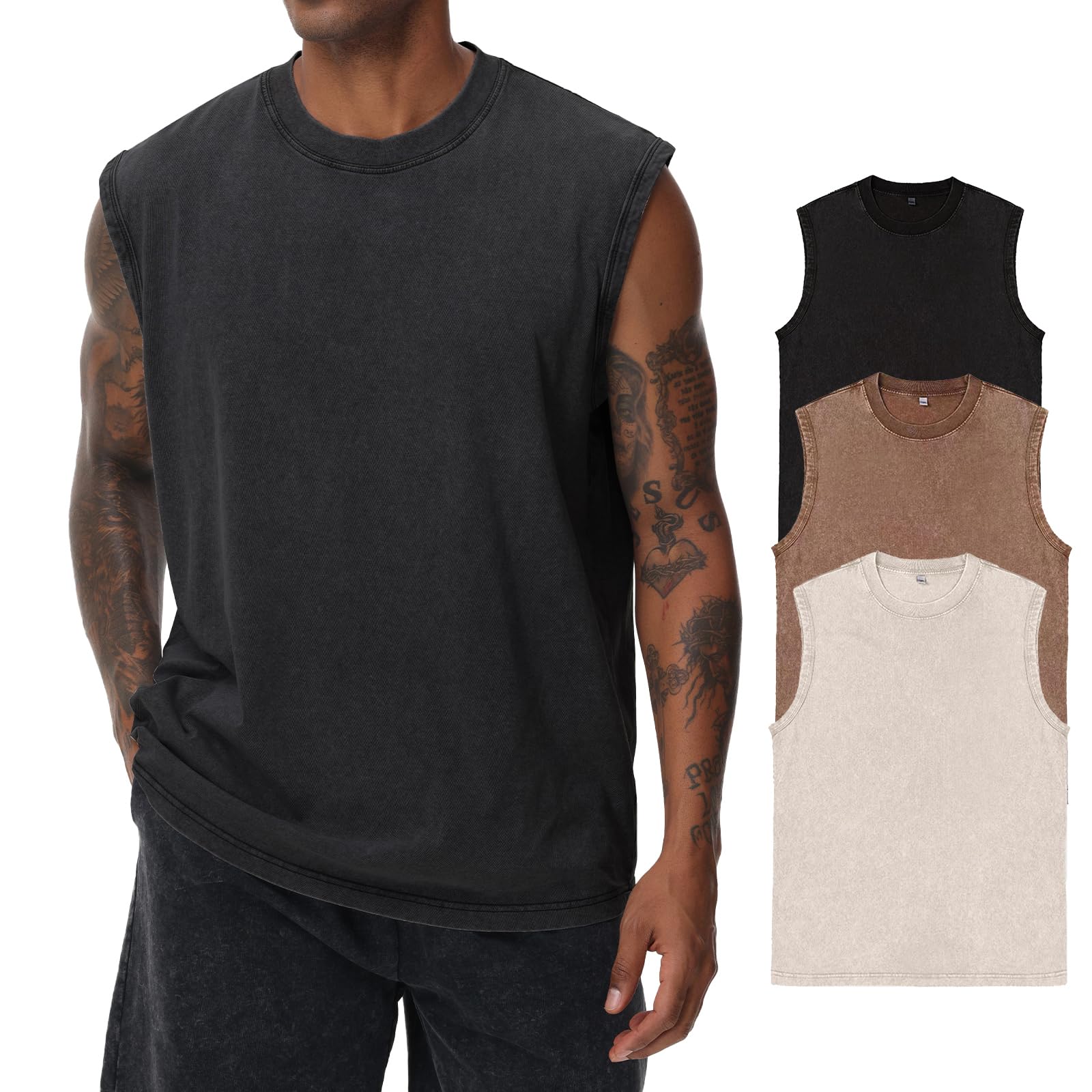 Herren Kurzarm Sommer Ärmelloses Shirt, Männer Fitness ärmellos Weste, Washed Sleeveless t-Shirt, Workout, Fitnessstudio, Baumwolle