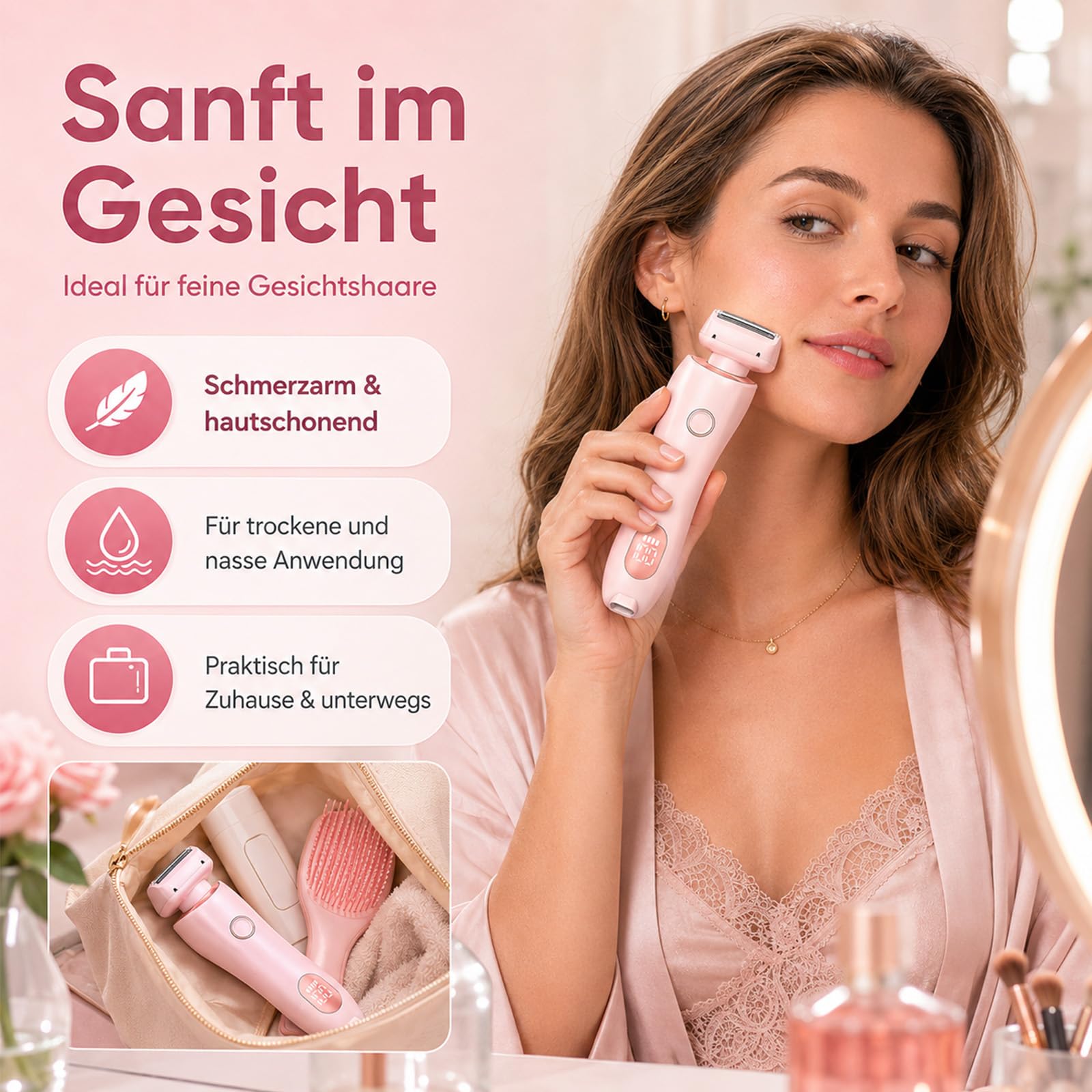 Boulina Rasierer 2.0, Aluvea Smooth Trim, Sanfte Haarentfernung, Ergonomisches Design, Trocken & Nassbetrieb (Rosa)