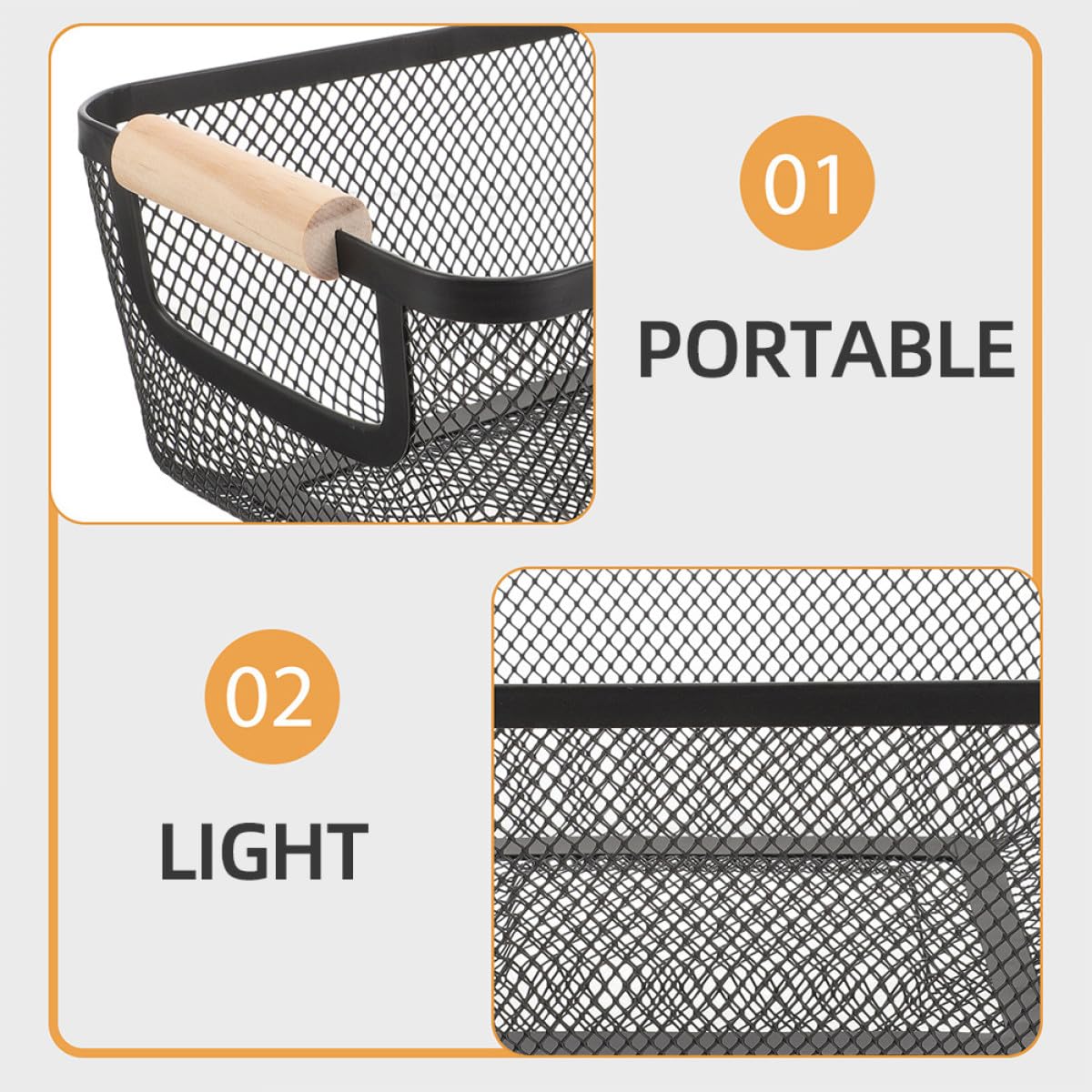 Aufbewahrungskorb Schwarz aus Metallgewebe mit Holzgriffen | Eisenkonstruktion, Rechteckige Form, für Schlafzimmer und Küche, Nordisches Design im 2 Stück-pack