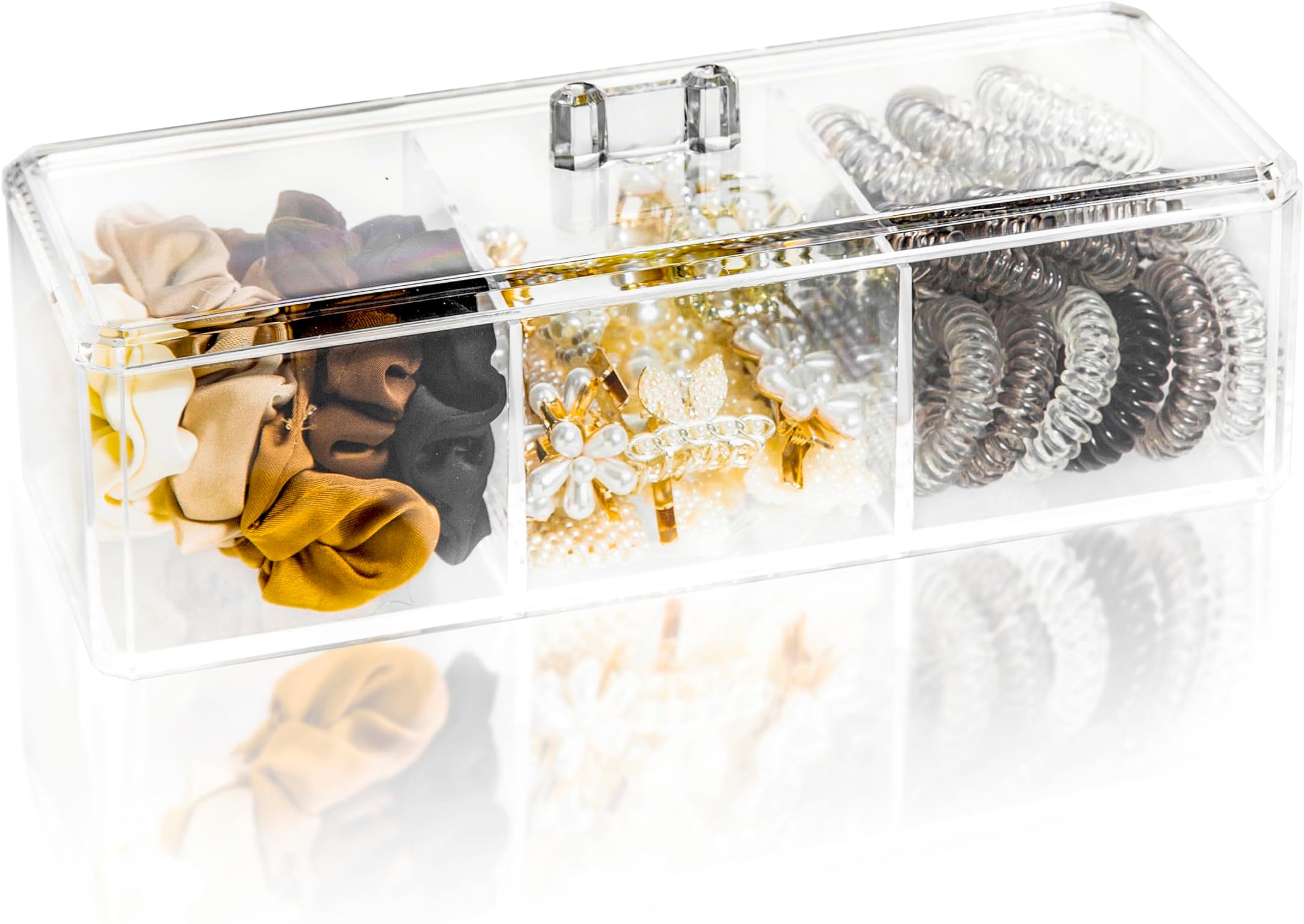 Hair Accessories Organizer, Acrylic Hair Tie Organizer for Headband, Hair Clip, Cotton Swab Organization, Acrylic Headbands Holder, Clear 3 Compartments Hair Organizer Storage with Lid