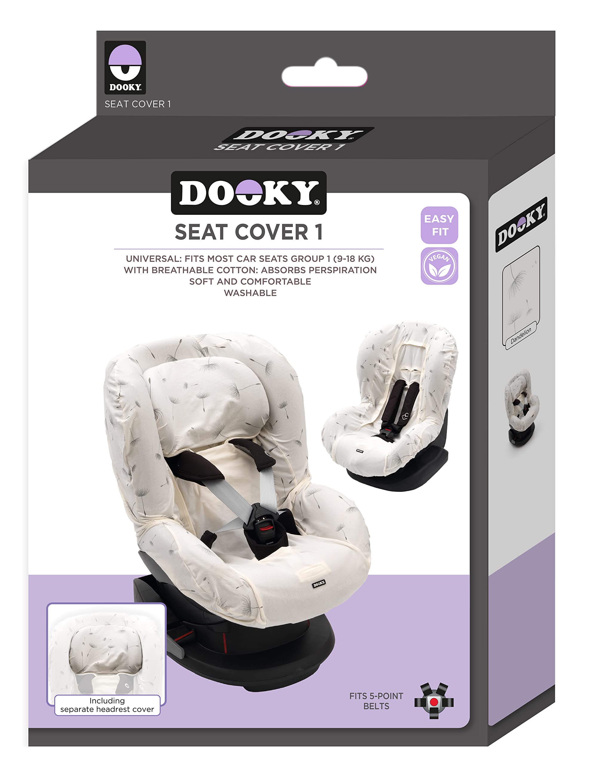 Dooky Group 1 uniwersalny ochraniacz na fotel samochodowy, z pasującą powłoką na zagłówek (3-i 5-punktowy pas, grupa wiekowa 1+, uniwersalne dopasowanie, oddychająca bawełna absorbuje pot), Dandelion
