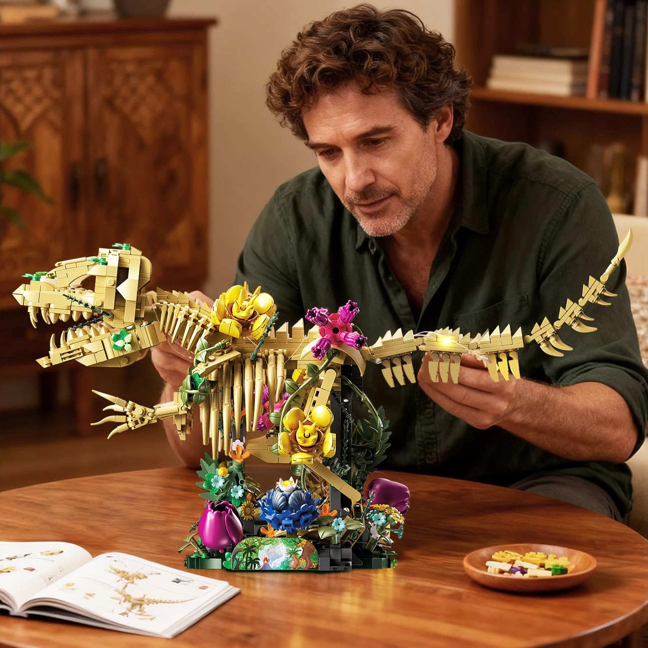 CUBIMANA Fossile de Dinosaure avec Fleurs et lumière LED, 1185 PCS Jeu de Construction botanique Dino, Maquette de Squelette pour décoration intérieure, Cadeau pour Adultes et Adolescents