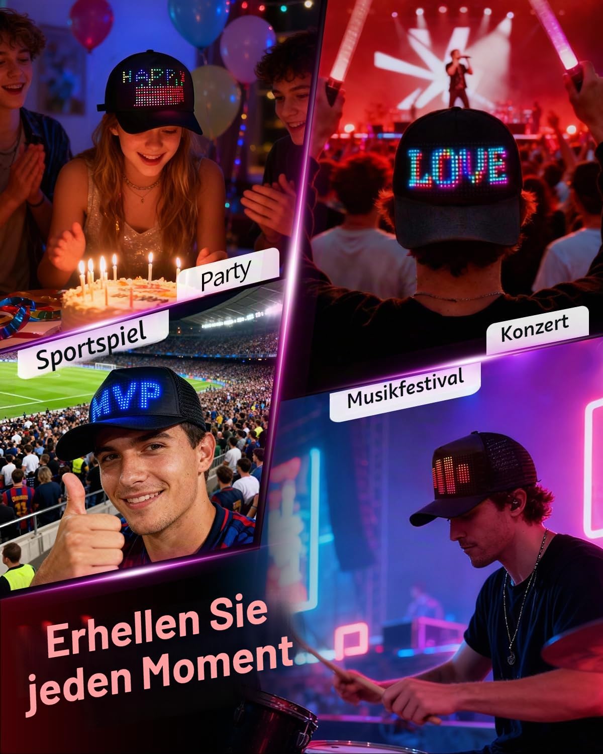 Bright LED Kappe Smarte Bluetooth App-Steuerung, Programmierbare LED Basecap für Custom Text, Muster, Animationen, Karneval & Partys (Tiefschwarz)