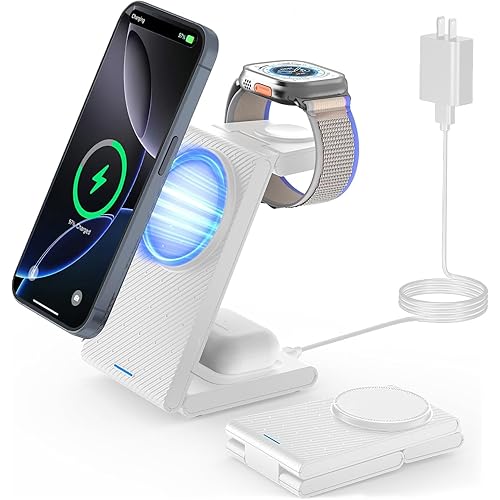 Wireless Charger Magnetic for Apple Devices - JoyGeek 3 in 1 Foldable Charging Station for Magsafe Compatible with iPhone 16 15 14 13 12 Pro Max Plus, Apple Watch 10 9 8 7 6 5 4 SE, AirPods 4/3/2/Pro