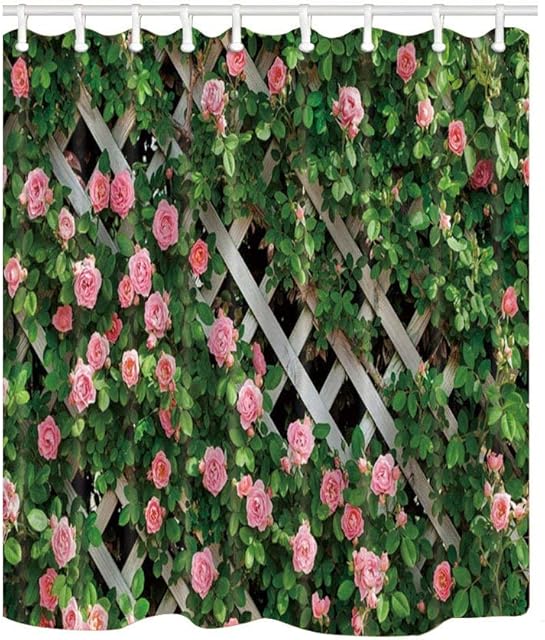JOOCAR Design Shower Curtain, Rustic Decor Rosemary Roses Flower on Fence, Waterproof Cloth Fabric Bathroom Decor Set with Hooks