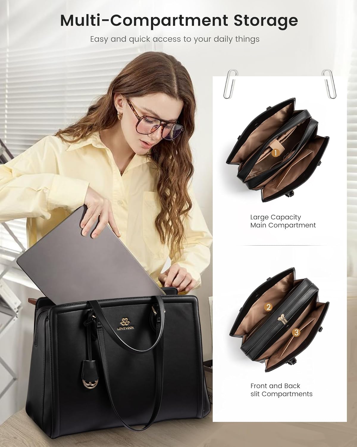 LOVEVOOK Laptop Bag for Women, Large Capacity Leather Computer Tote Bag, Waterproof Work Bags, Great Office Gifts for Women - Image 4