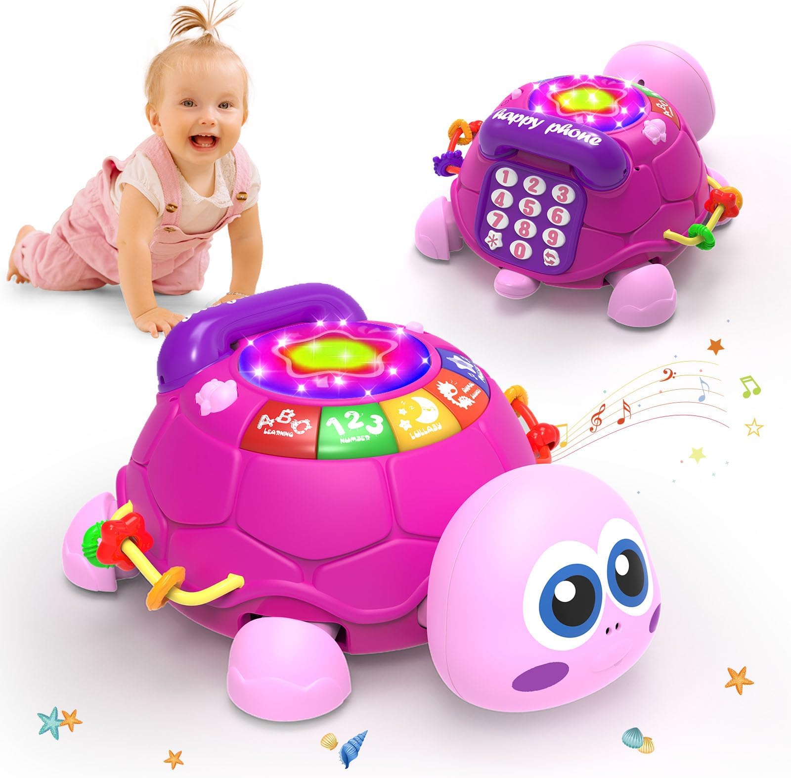 Hanayo Baby Musical Turtle Crawling Girl Toys for 6-18 Months,Infant Early Learning Educational Toy,Baby Girl Gift Essentials for Newborn 7 8 9 11+ Months 1-2 Year Old(Pink)