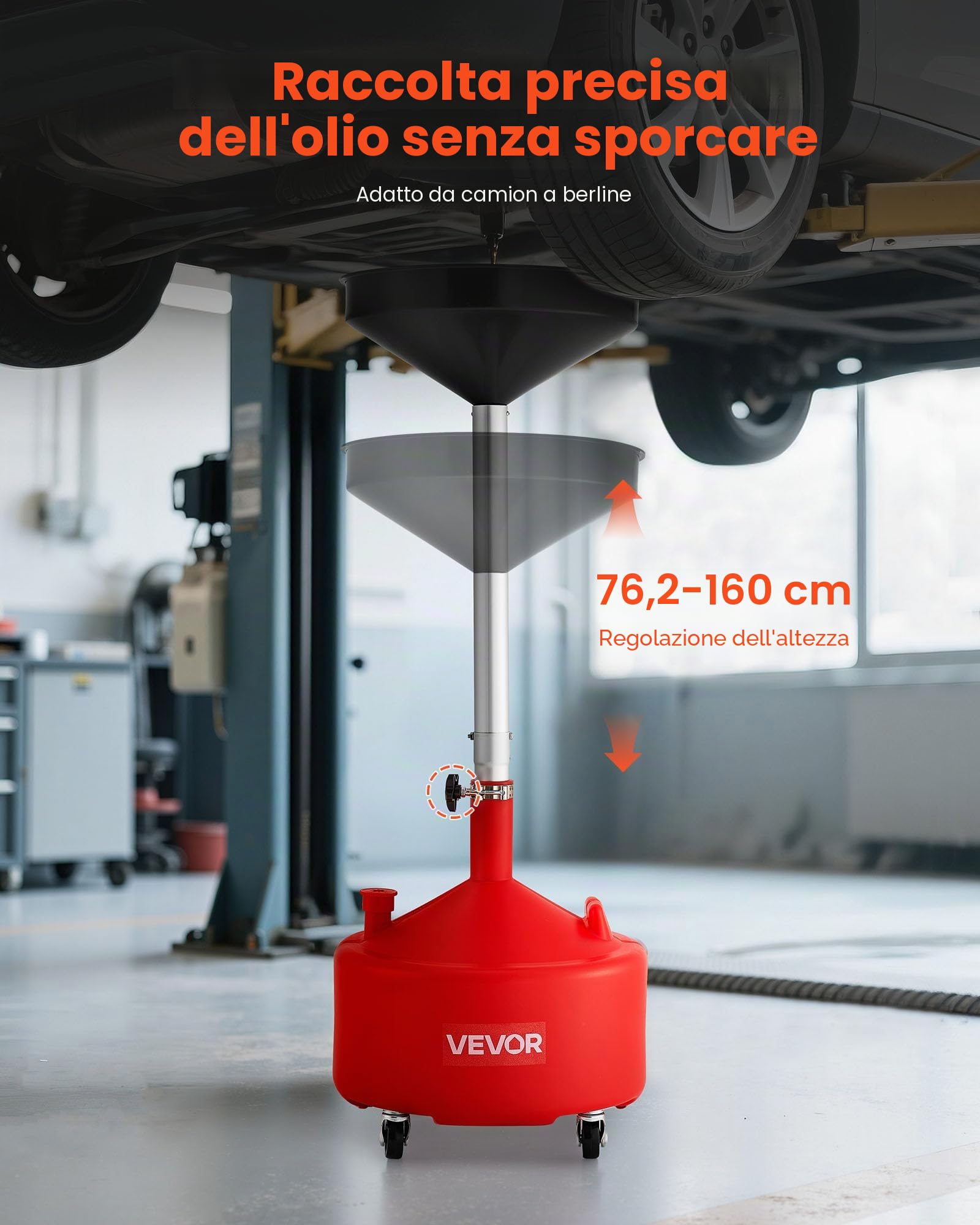 VEVOR Serbatoio di Scarico per Fluidi Industriali, 30 L con Regolabile Imbuto, Ruote, Drenaggio per Trasferimento di Carburante Fluido, per Officine di Riparazione Auto, per Olio Esausto, Rosso