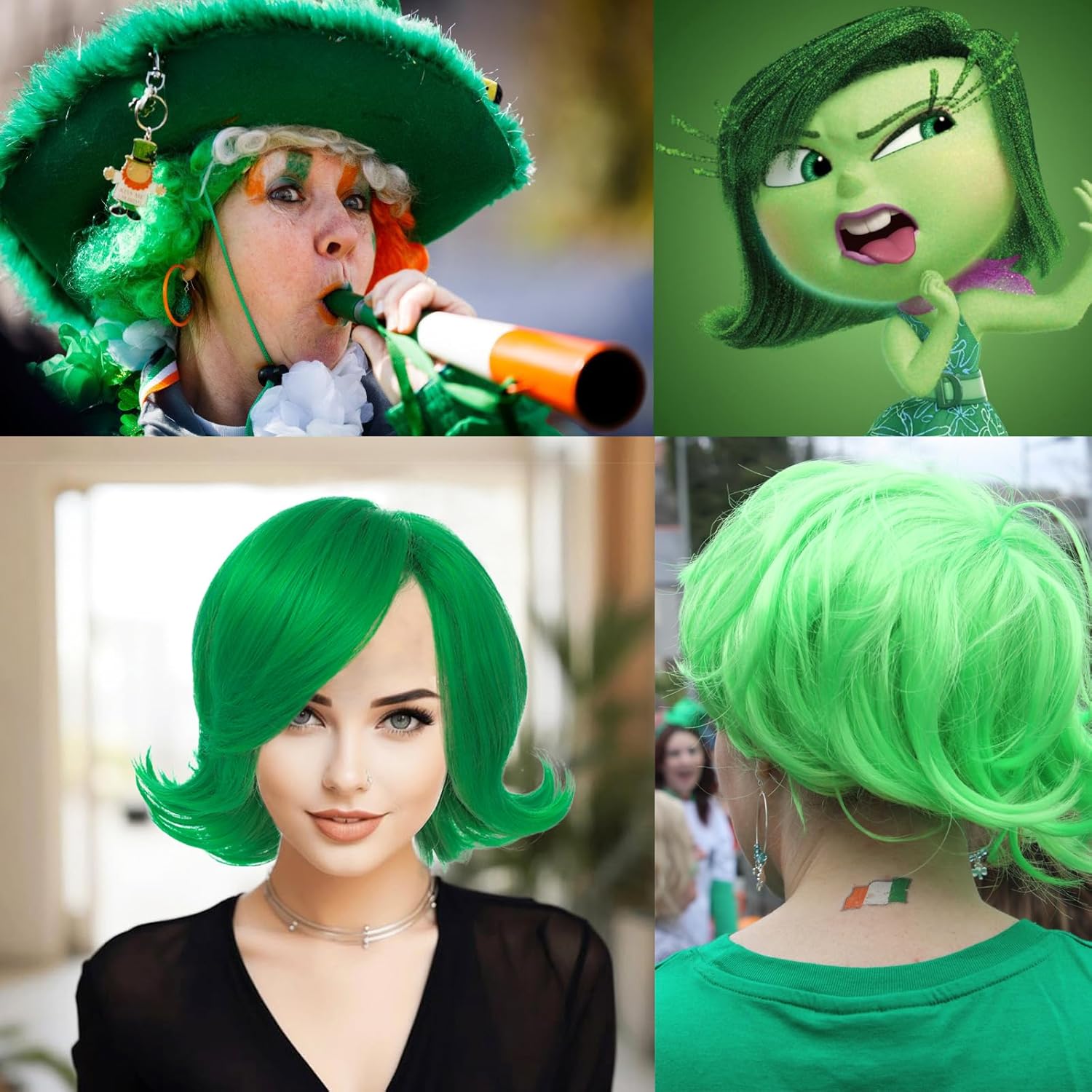 Green Wig for Women No Inside Outward St Patricks Day Green Flip Wig Emotion Side Part Bob Costume Wig for Party Halloween Cosplay - Image 2