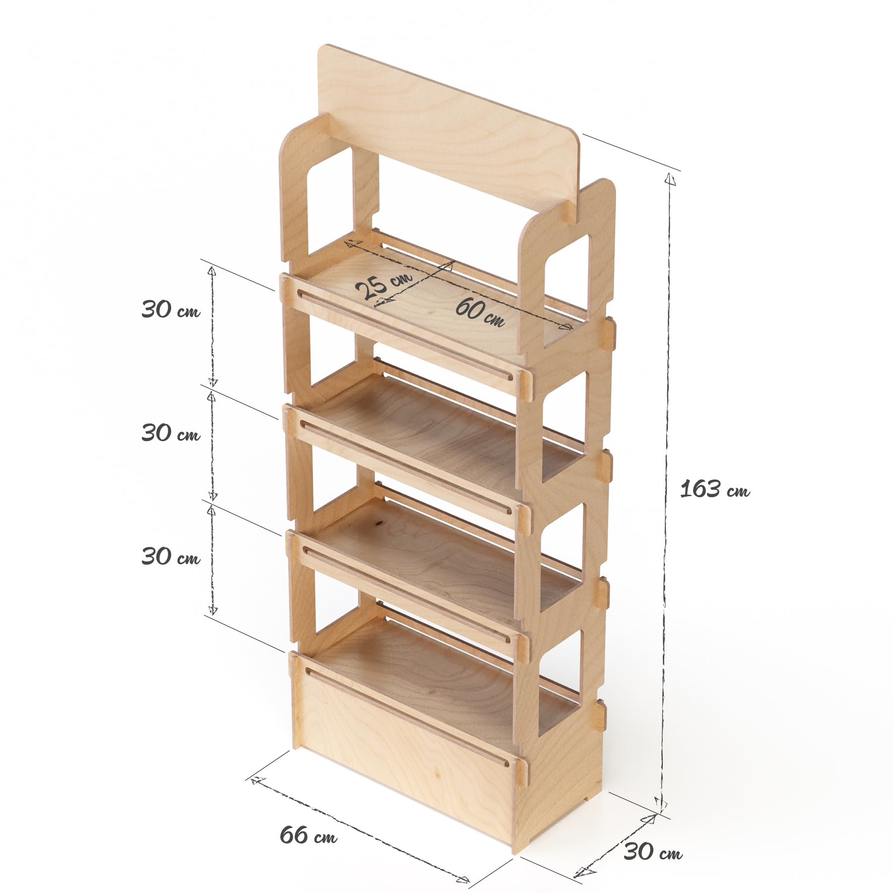 Expositor de Suelo, de Madera, fácil Montaje a presión, 4 estantes, Natural y sostenible, Altura 163 cm (Anchura 66 cm)