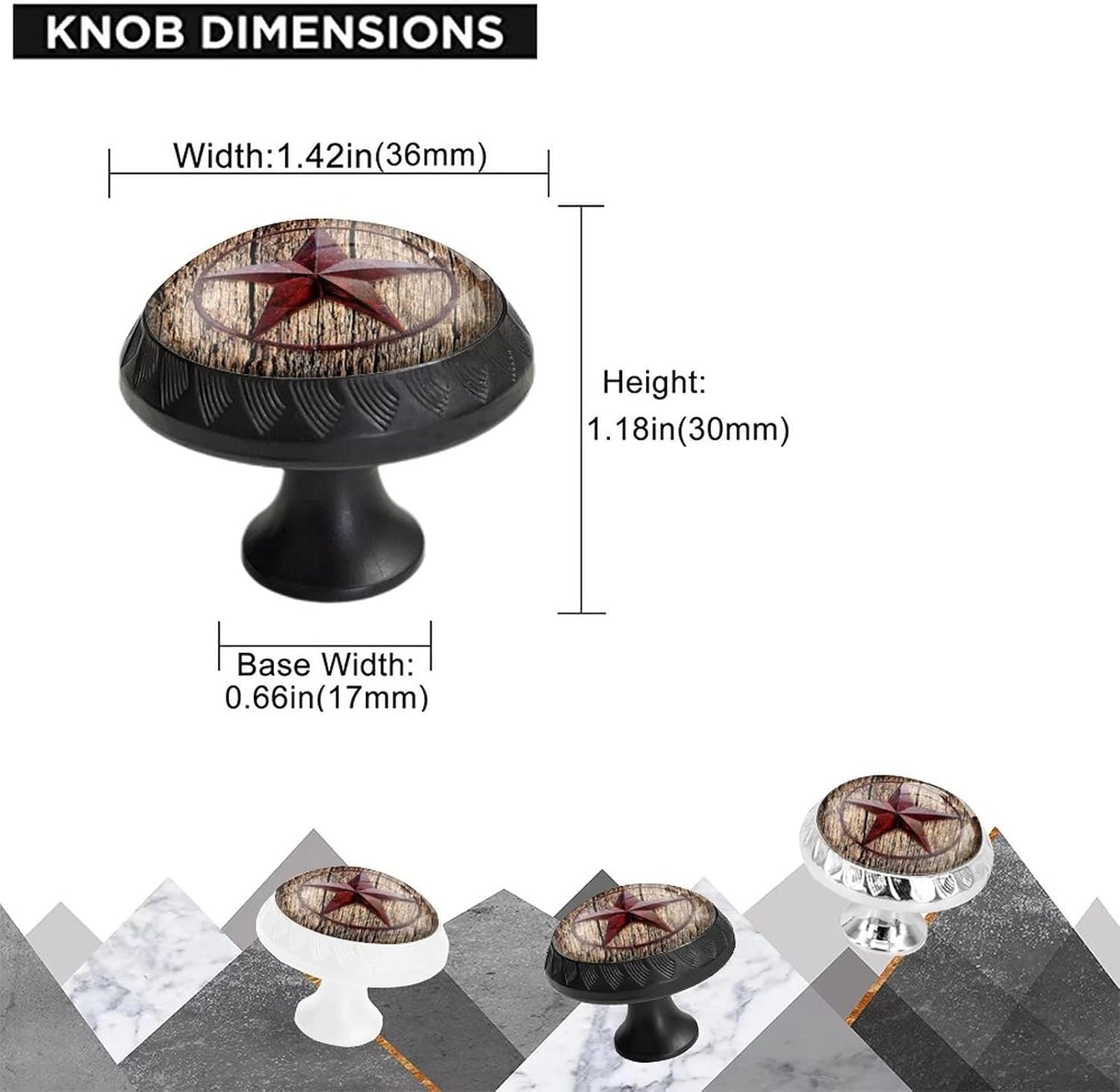 6 Pack Black Drawer Pulls Knobs, Texas Star Wood Art Cabinet Knobs Crystal Glass Dresser Knobs for Kitchen Bathroom Hardware