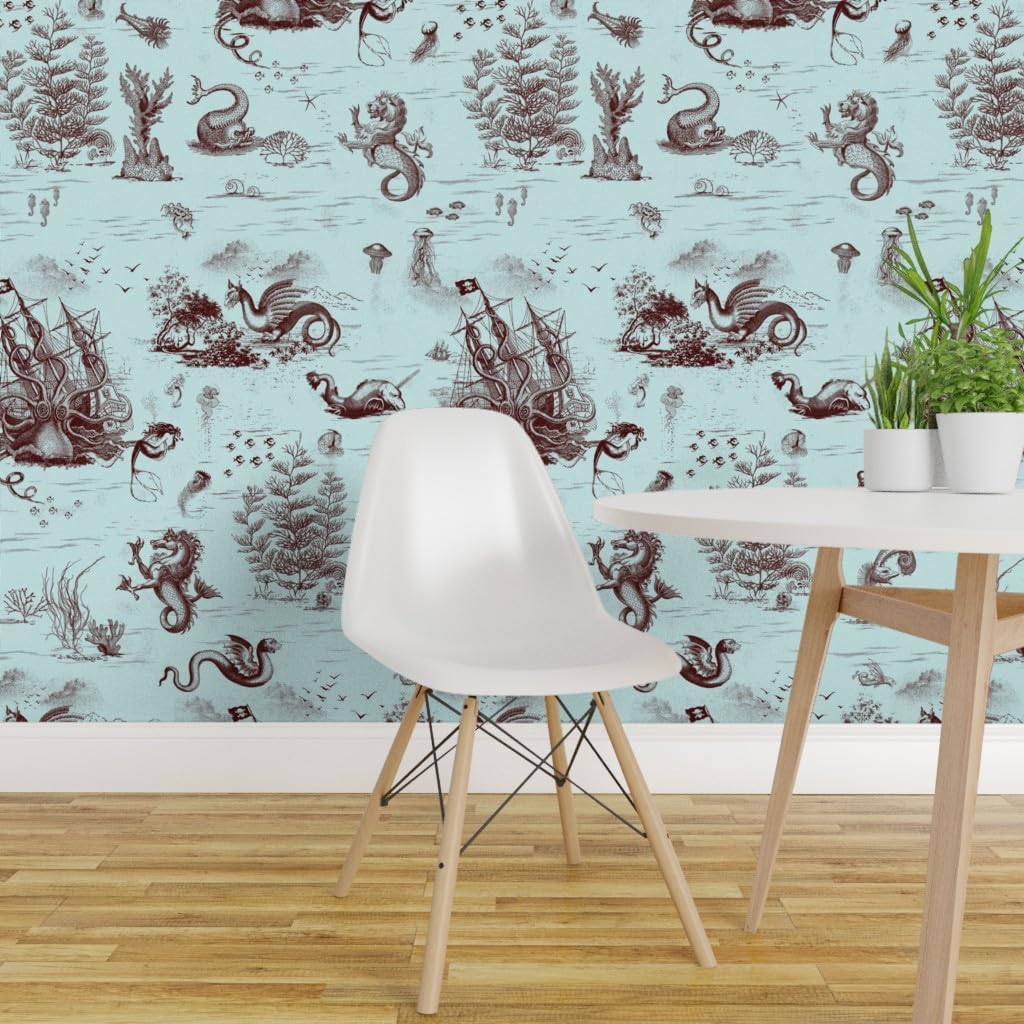 Removable Wallpaper 6ft x 2ft - Nautical Toile De Jouy Light Blue Steampunk Fantasy Sea Ocean Octopus Custom Pre-Pasted Wallpaper by Spoonflower