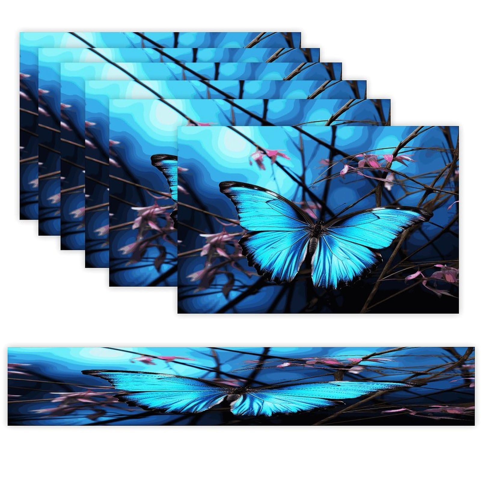 Blue Butterfly and Bamboo Table Runner and Placemats Set of 6 for Kitchen Washable Table Mats Heat Resistant Place Mats Non-Slip Place Mat Wipeable Placemat(6 Placemats+1 Table Runner)