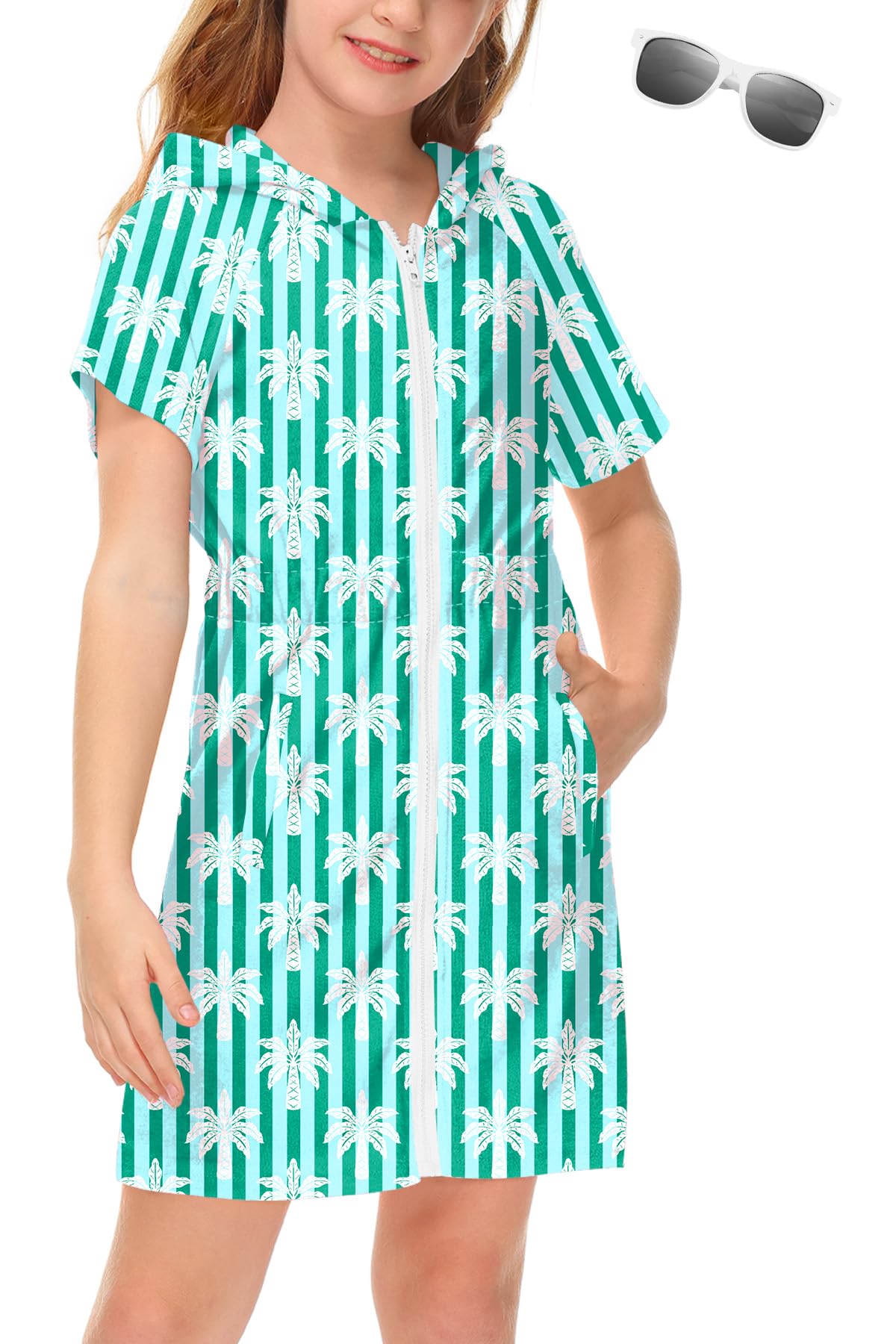 BesserBay Girls Swim Cover Up Beach Bathing Suit Coverups for Swimwear Zip-Up Terry Cloth Robes with Sunglasses 6-14 Years
