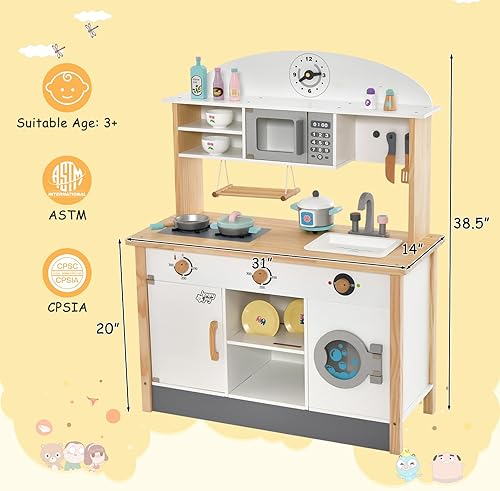 Miniatura 7 de HONEY JOY Juego de cocina para niños, cocina de madera para niños pequeños, microondas, lavadora, fregadero, 15 accesorios de cocina, juego de