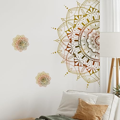 Miniatura 3 de 3 calcomanías de pared de mandala bohemia, tamaño grande, diseño de mandala y flores, flores bohemias doradas, creativas, autoadhesivas, para