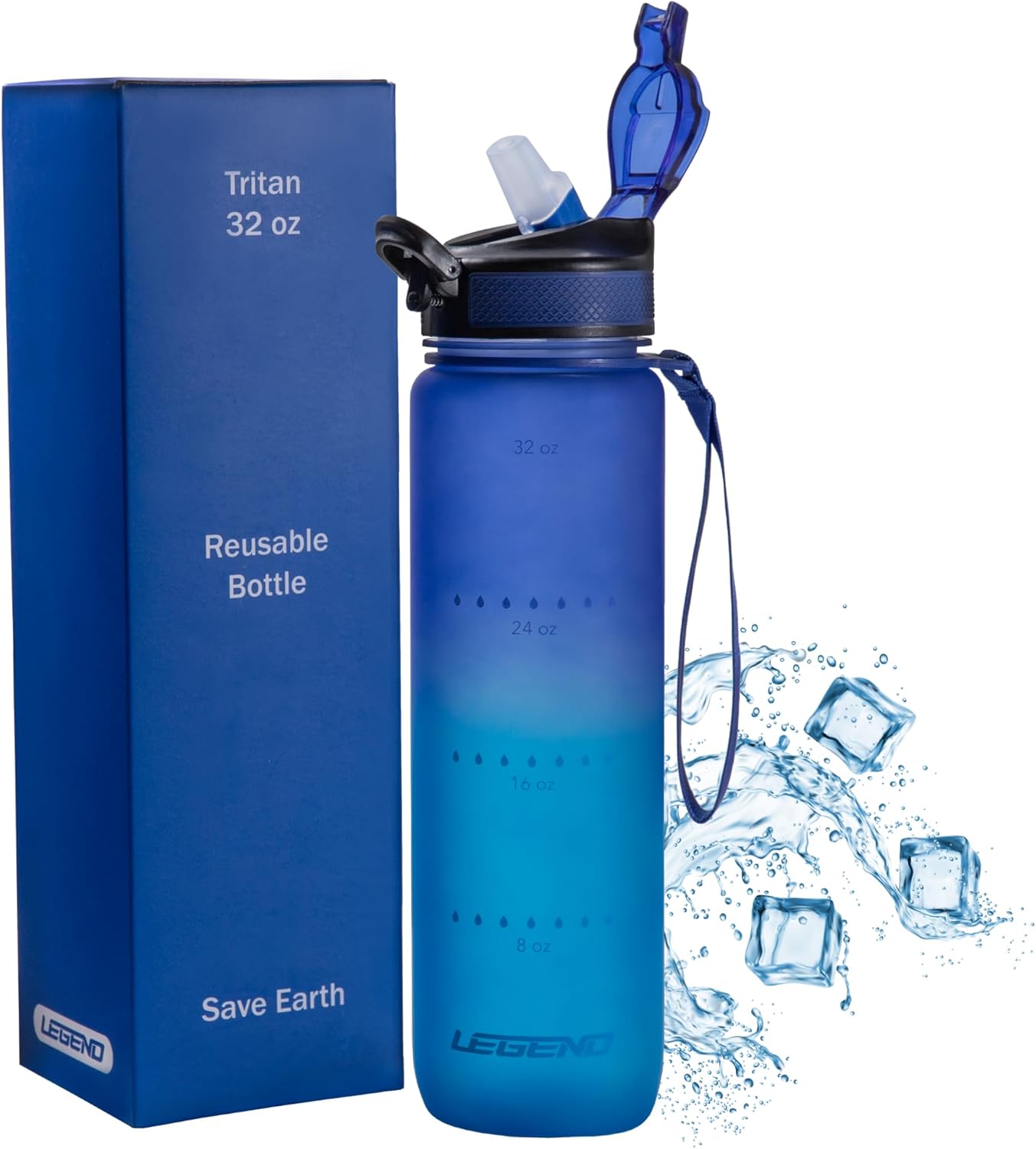 Legend Plastic Water Bottle with Time Tracker – BPA-Free Water Bottle with Measurements, Leak Proof Water Bottle Tracker for Gym Workout & Office, Motivational Water Bottle with Time Marker 32 oz