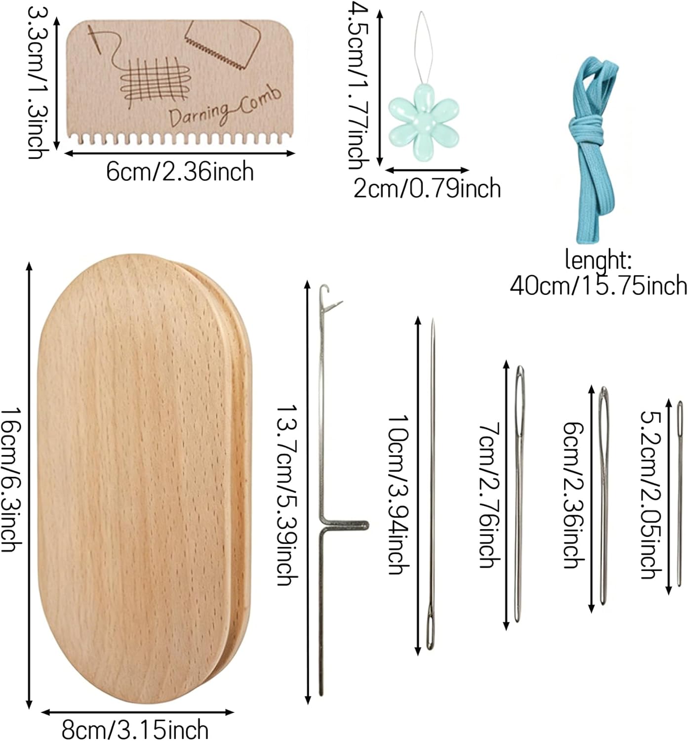 JEFSON Wood Darning Loom and Weaving Kit for Clothes Mending, Fabric Repair, and Sewing Crafts - Complete with 10 Large Eye Needles, Threader, Weaving Comb