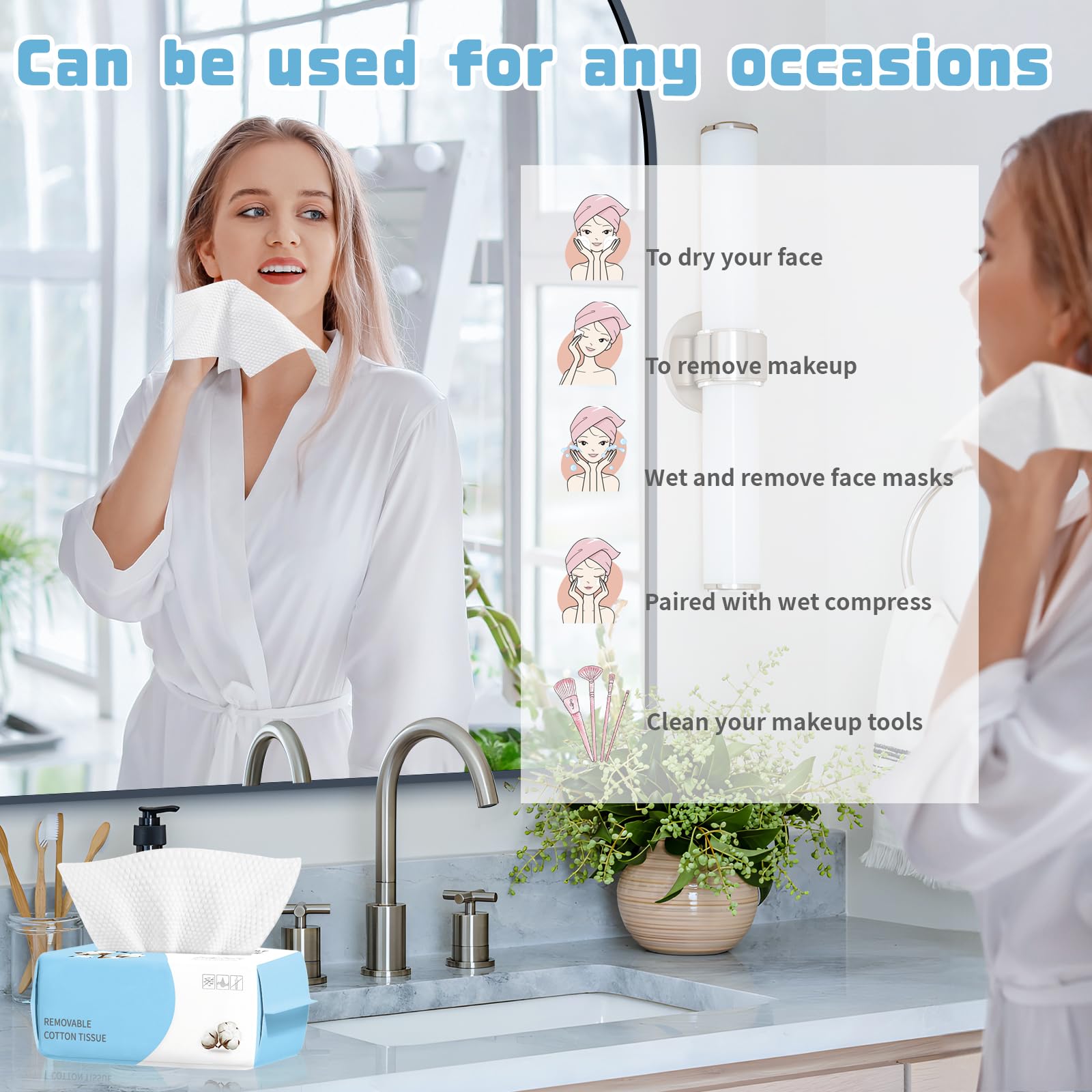 100 toallas faciales desechables, toallitas secas faciales de algodón biodegradable, paño facial súper suave y grueso, toallas faciales sin pelusa para cuidado de la piel sensible, toallitas secas