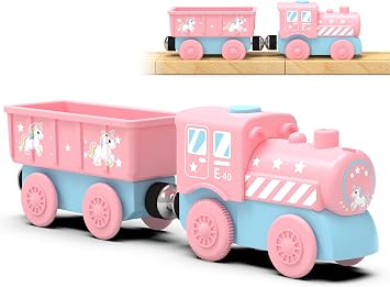 Toy Battery Operated Train Set for Wooden Tracks, Magnetic Trains Toys with Carriage, Pink Unicorn Motorized Train Electric Cars Compatible with Thomas, Brio, Chuggington