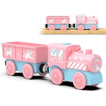 Toy Battery Operated Train Set for Wooden Tracks, Magnetic Trains Toys with Carriage, Pink Unicorn Motorized Train Electric Cars Compatible with Thomas, Brio, Chuggington