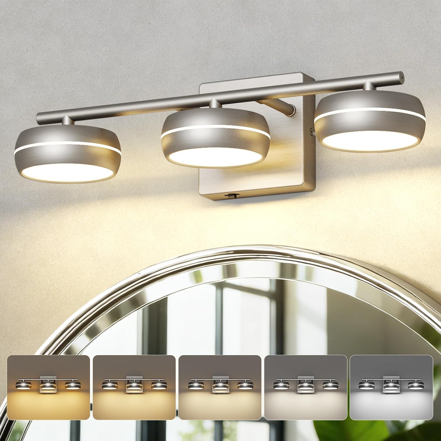 Vanity Light Fixture, 3-Light Brushed Nickel Bathroom Vanity Light with 5CCT, Dimmable Modern Wall Light for Mirror and Bathroom