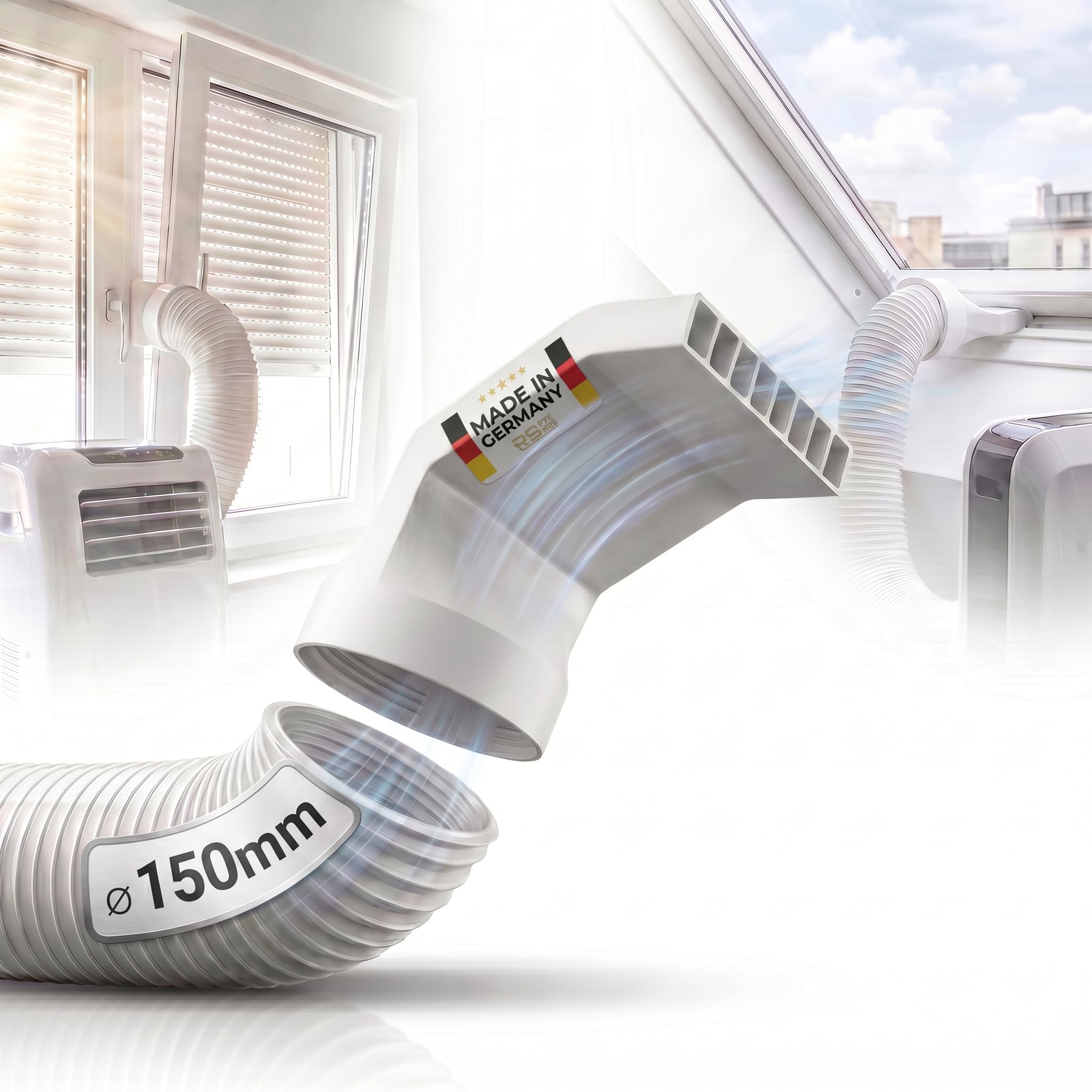 Klimaanlage Abluftschlauch Adapter 150 mm (DN150) für mobile Klimageräte – Fensteradapter für Kippfenster, Dachfenster & Schwingfenster – Passend für VEKA, Schüco, Rehau, VELUX & ROTO | R-Satz Shop