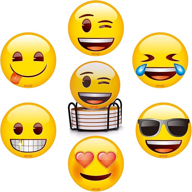 Laywvco 6 Pcs Emoji Marble Coasters with Black Holder Absorbent Drink Coasters Ceramic Table Coaster Set Decorative Bar Wine Coasters Coffee Cup Coasters (Orange-001)