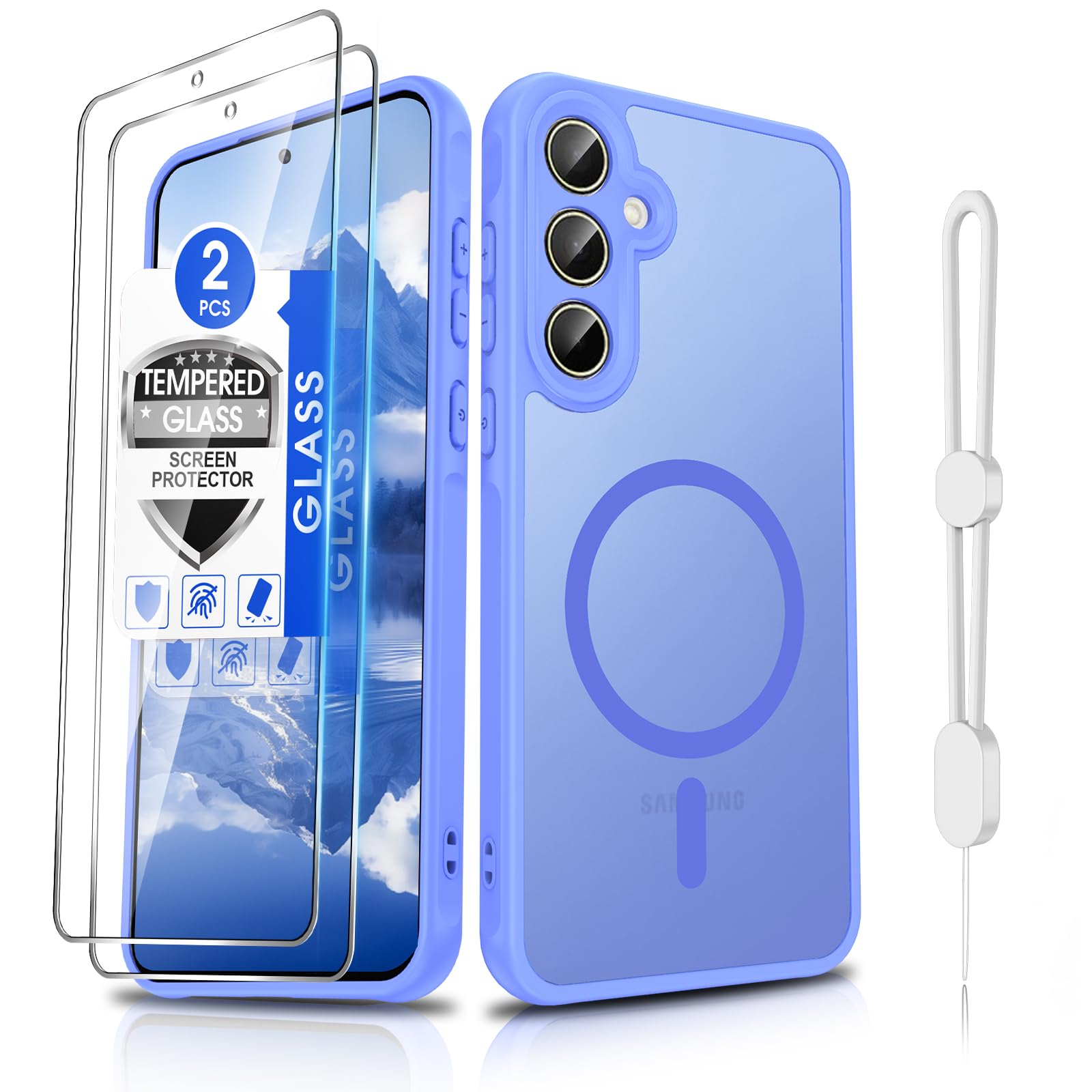 Dizn Magnetic Phone Case for Samsung Galaxy A35 5G,with 2 Tempered Glass,Fit for MagSafe,Cell Phone Wrist Band, Matte Translucent Thin Soft, Protection Cell Cover for Samsung Galaxy A 35, Sky Blue