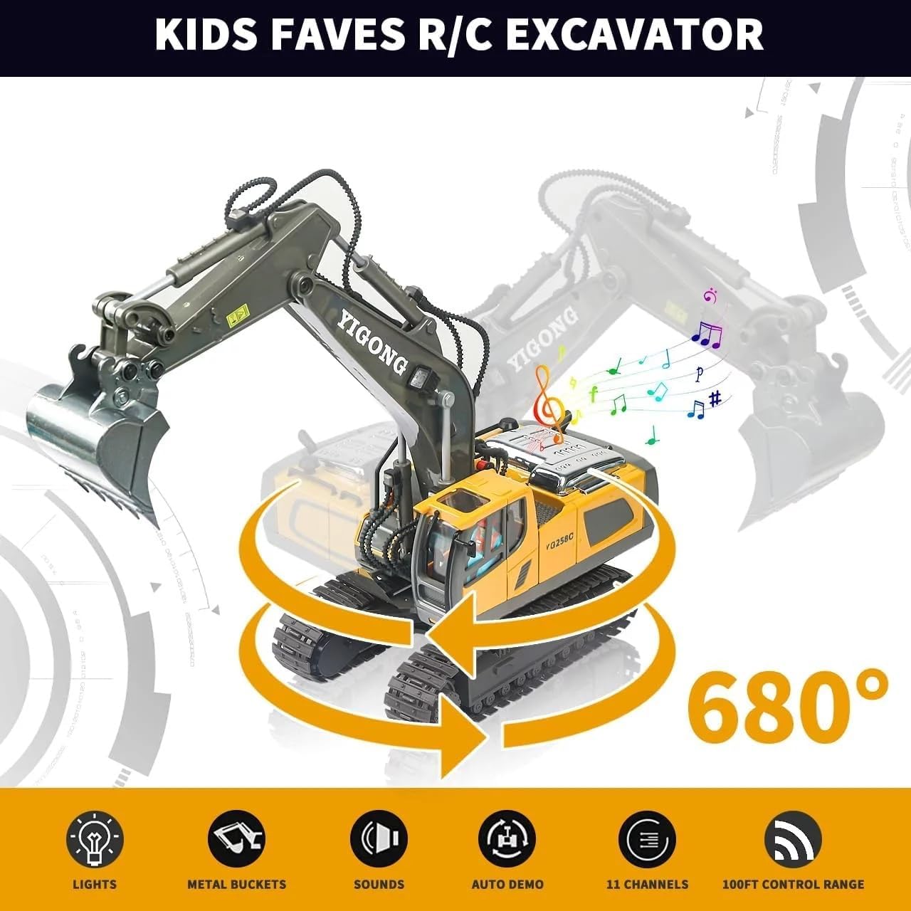 JETRA Remote Control Excavator RC Digger Toy for Boys,11 Channel Hydraulic Excavator Turns 680 Degree,Construction Toys with Metal Shovel, Lights,Sounds,1 Rechargeable Batteries 3
