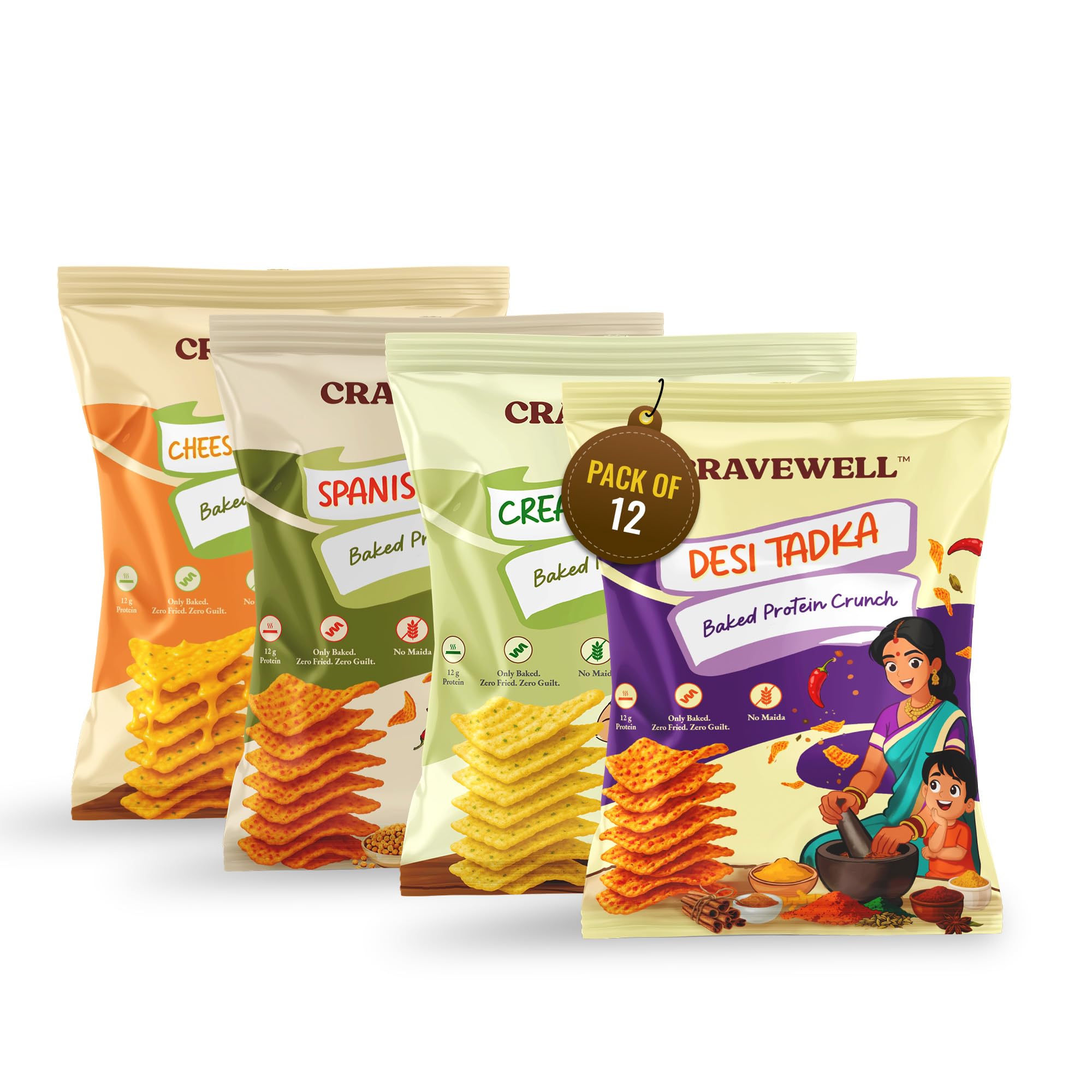 CRAVEWELL High Protein Baked Chips Variety Pack (12 x 50g) | 4 Delicious Flavours | Crunchy, Guilt-Free Snacking | Protein-Rich Anytime Snack-image-29