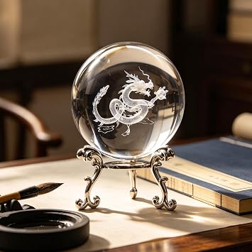 3D Chinese Dragon Crystal Ball Paperweight Dragon Figurines Glass Crystal Ball with Stand Gift