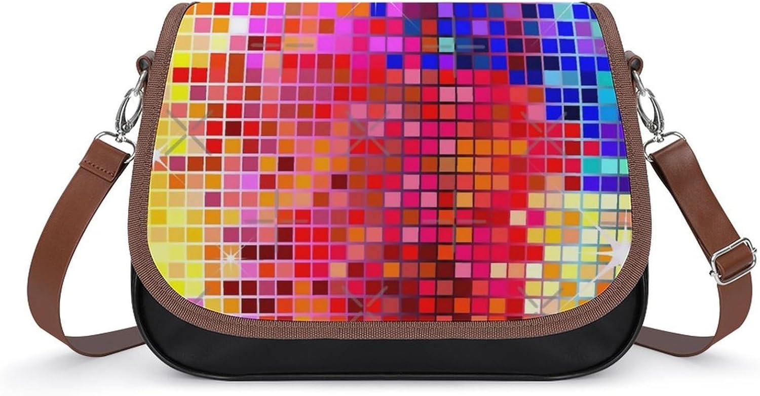 Metallic Colorful Sequins Look-Disco Ball Image GlitterPatternWomen's Faux Leather Crossbody Bag, Waterproof Wrinkle-Resistant Shoulder Bag with Detachable Strap, Large Capacity Casual Handbag, Fashio