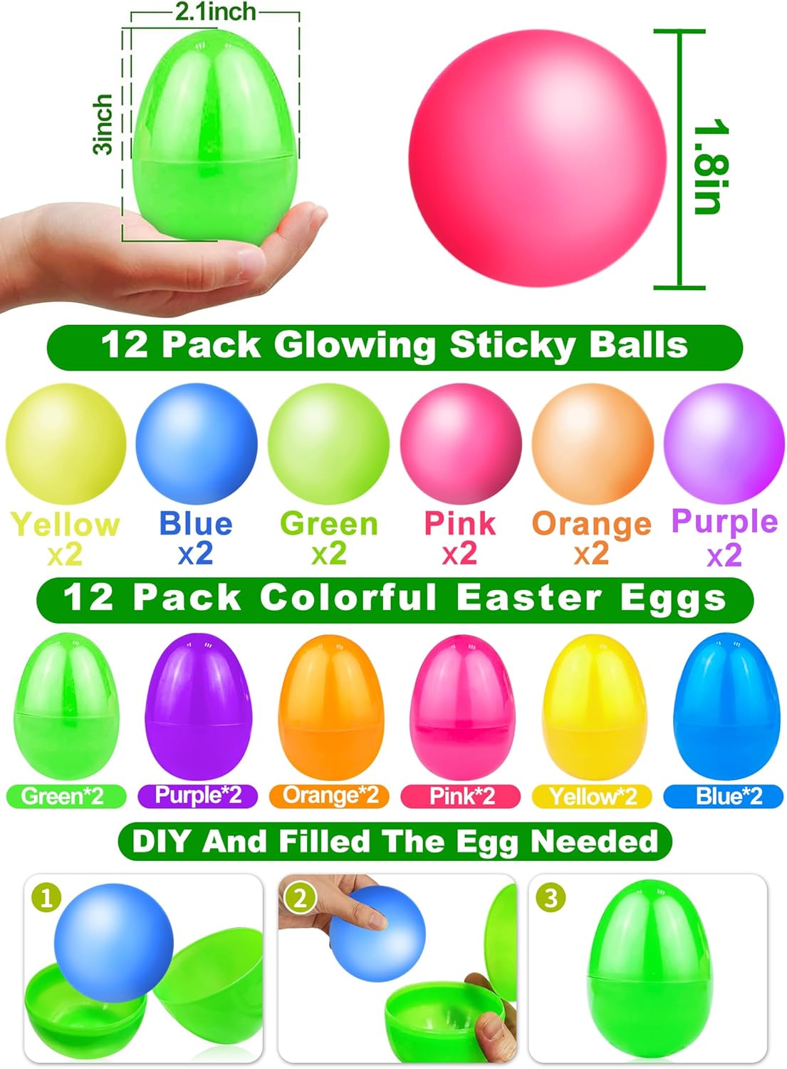 12 Pack 3" Large Filled Easter Eggs Glow in The Dark Sticky Ceiling Ball Easter Basket Stuffers Essential Stress Relief Fidget Toys Easter Eggs Hunt Party Favor Gifts for Kids Boys Girls Toddler - Image 2