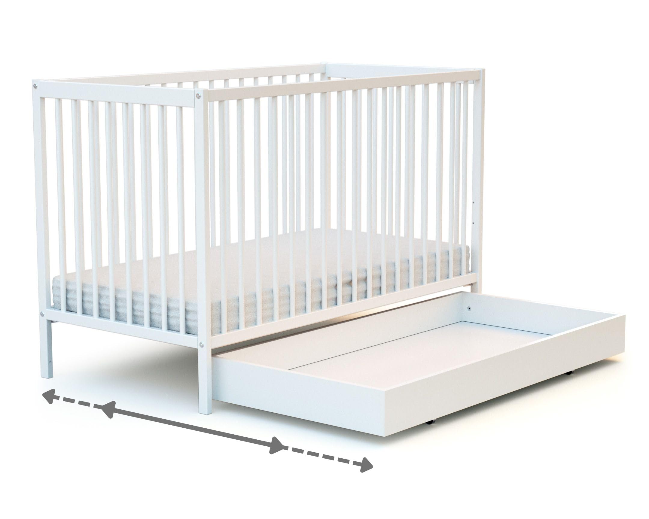 AT4 - ESSENTIEL Cajón de Cama Blanco | Para cuna 60x120 cm | Cajón universal de madera | Cajón con 4 ruedas | Altura 15cm | Almacenamiento práctico y discreto | Ahorro de espacio