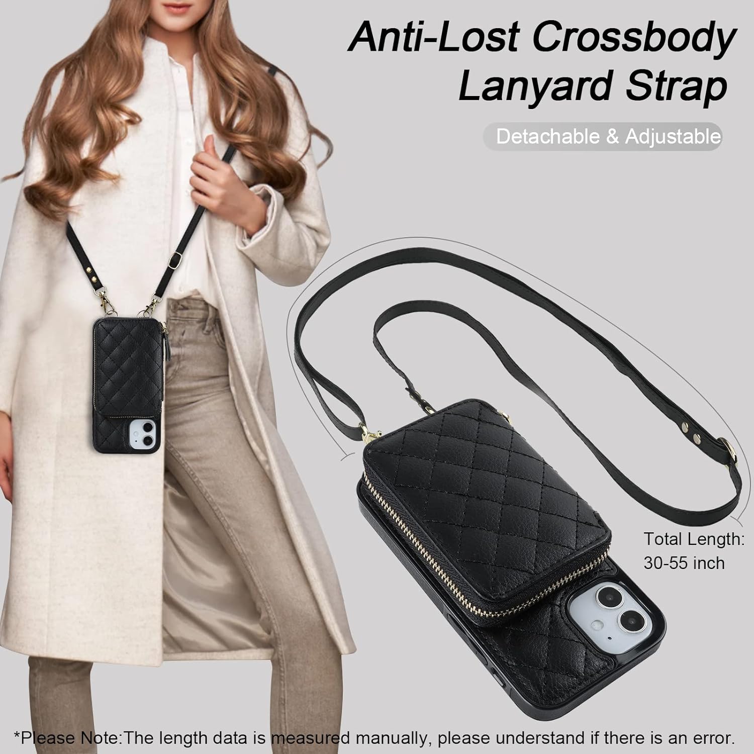 Bocasal Crossbody Wallet Case for iPhone 12 Mini, RFID Blocking PU Leather Zipper Handbag Purse Flip Cover, Kickstand Folio Case with Card Slots Holder Wrist Strap Lanyard 5G 5.4 Inch (Black) - Image 6