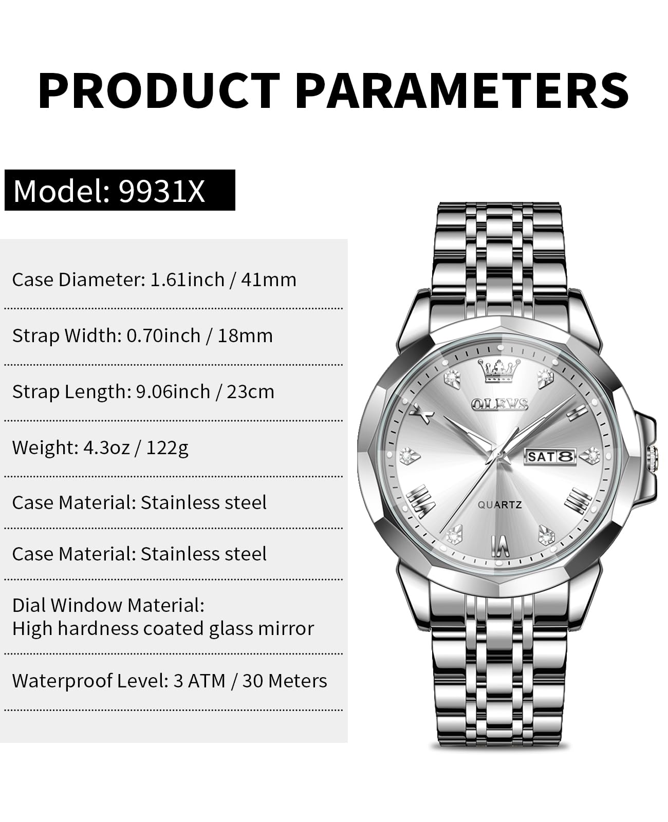 OLEVS Watches for Men Diamond Business Dress Analog Quartz Stainless Steel Waterproof Luminous Date Perfume Watch Luxury Fashion Wristwatch