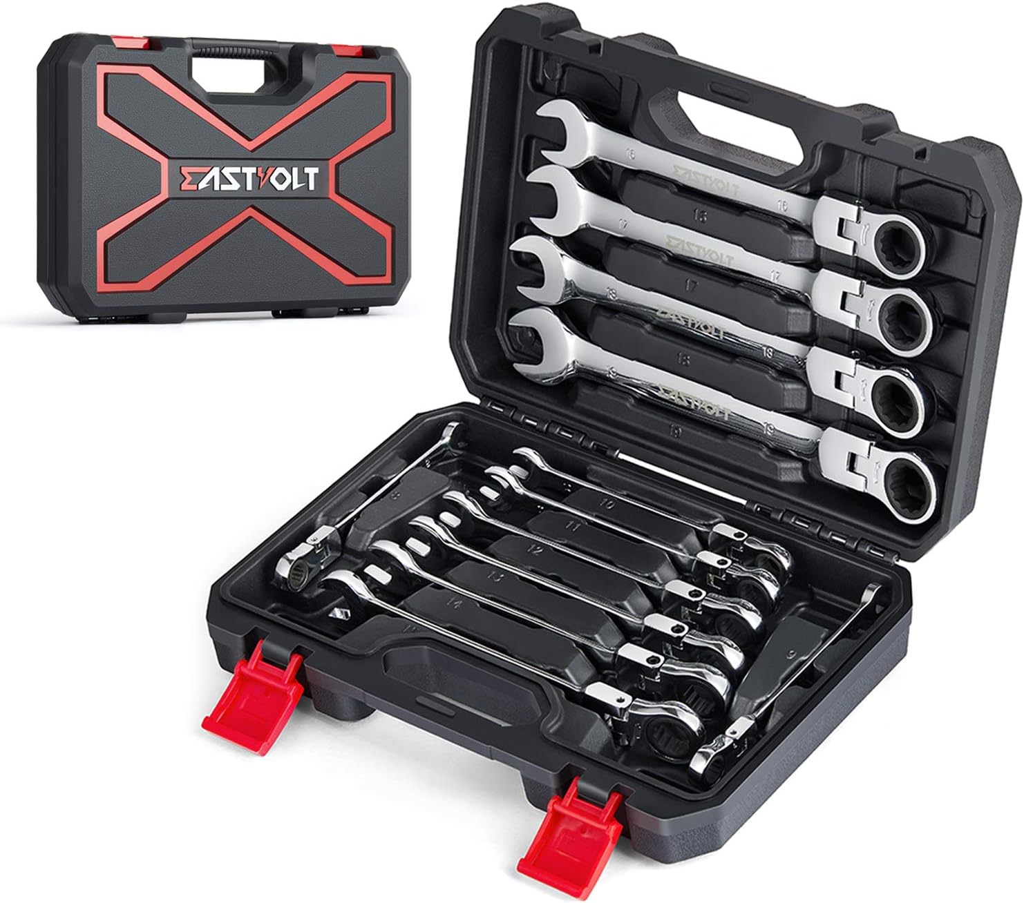 Eastvolt 12-Piece Flex-Head Ratcheting Wrench Set, Metric 8mm-19mm, Combination Ended Spanner kits, Chrome Vanadium Steel with Toolbox, EVHT1201